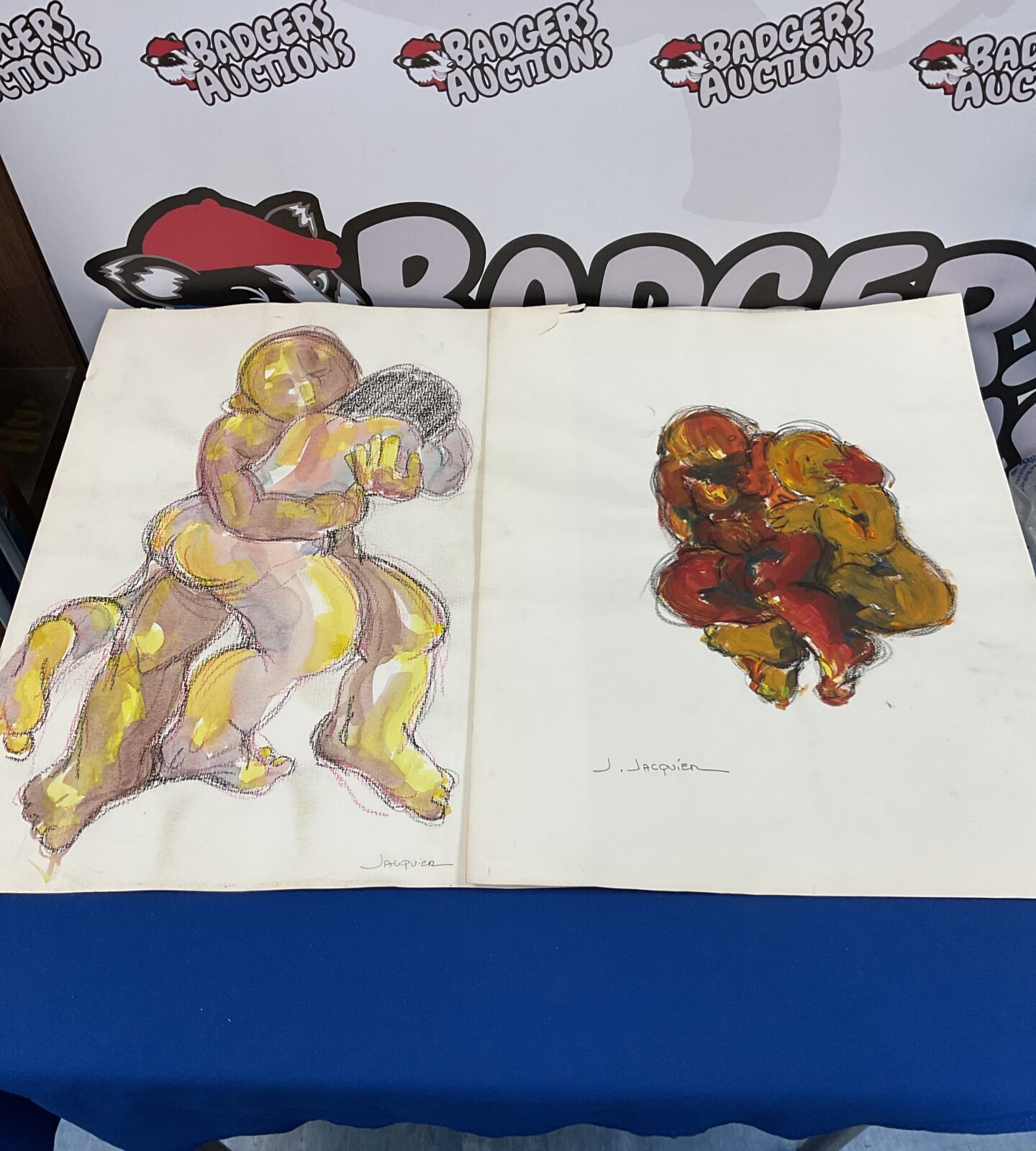 Two J Jacqui paintings of embracing figures