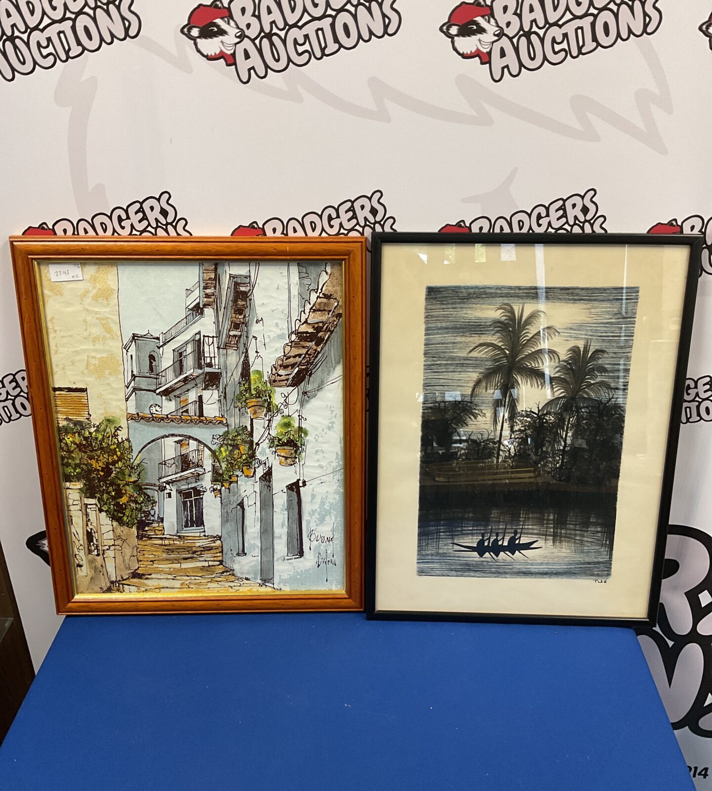 Framed woodblock signed tiso & meditteranian street scene signed bernard dylan