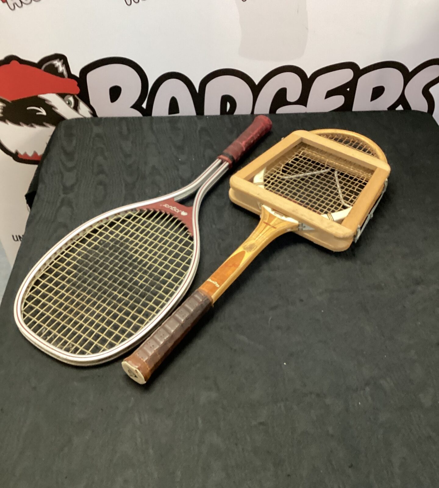 Two vintage tennis rackets inc jaguar & dunlop maxply