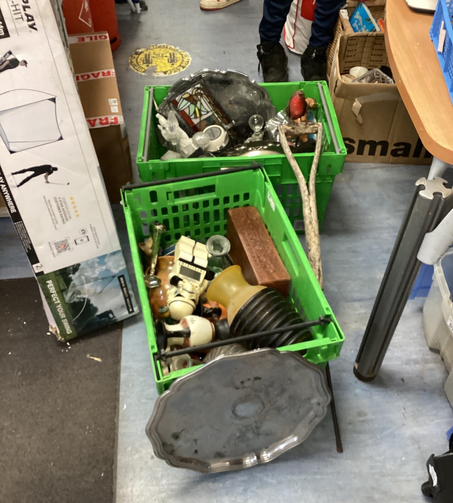 Two crates of mixed house clearance inc lego storm trooper clock, serving trays & decanters