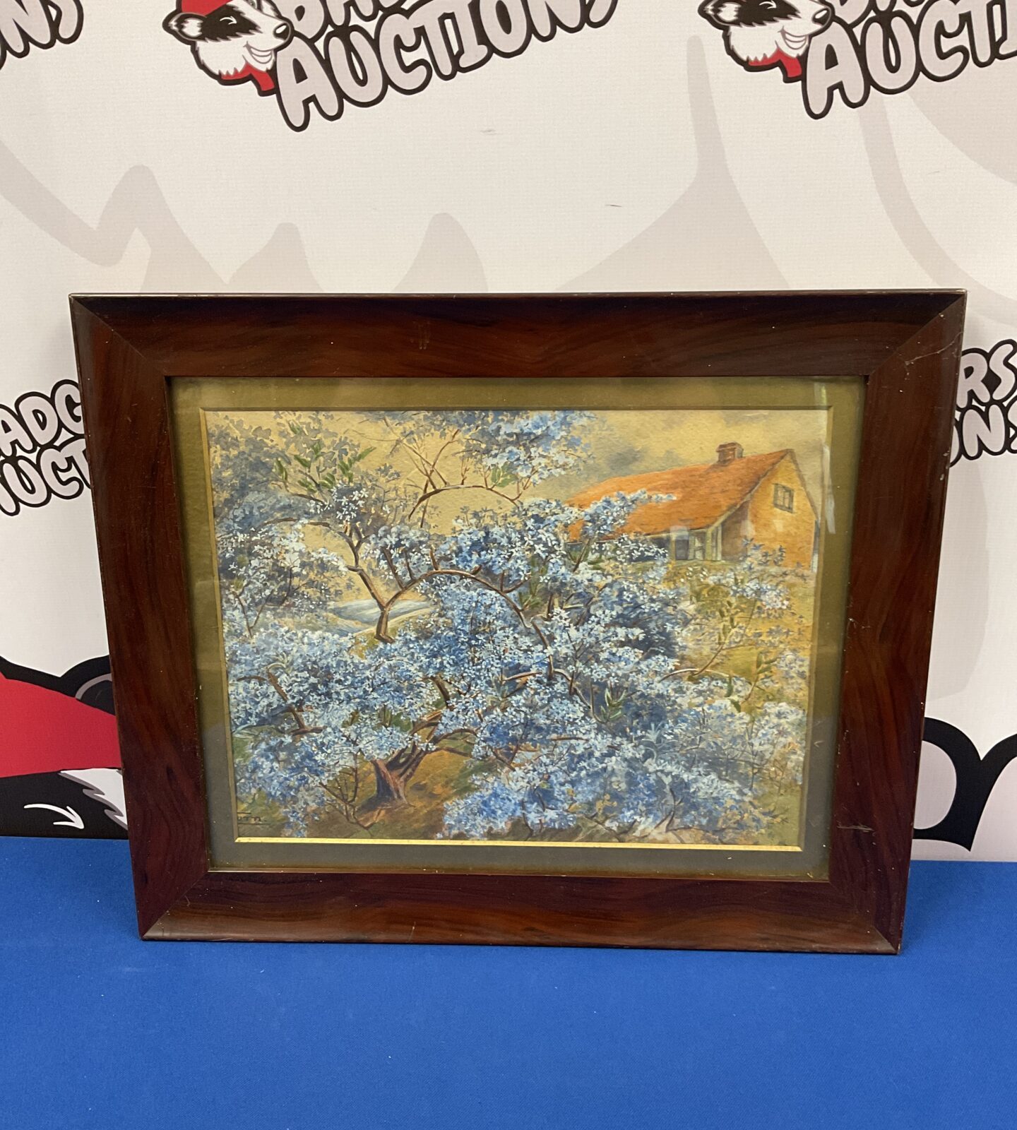 Antique artist signed watercolour of blue flowers & farmhouse