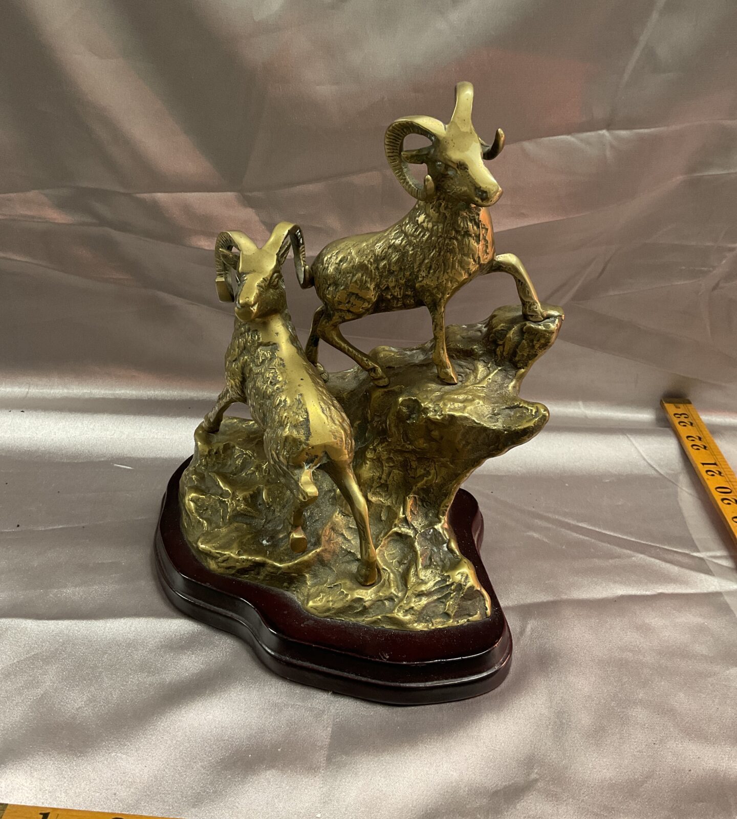 Vintage Brass Mountain Goat Rams sculpture on wood plinth