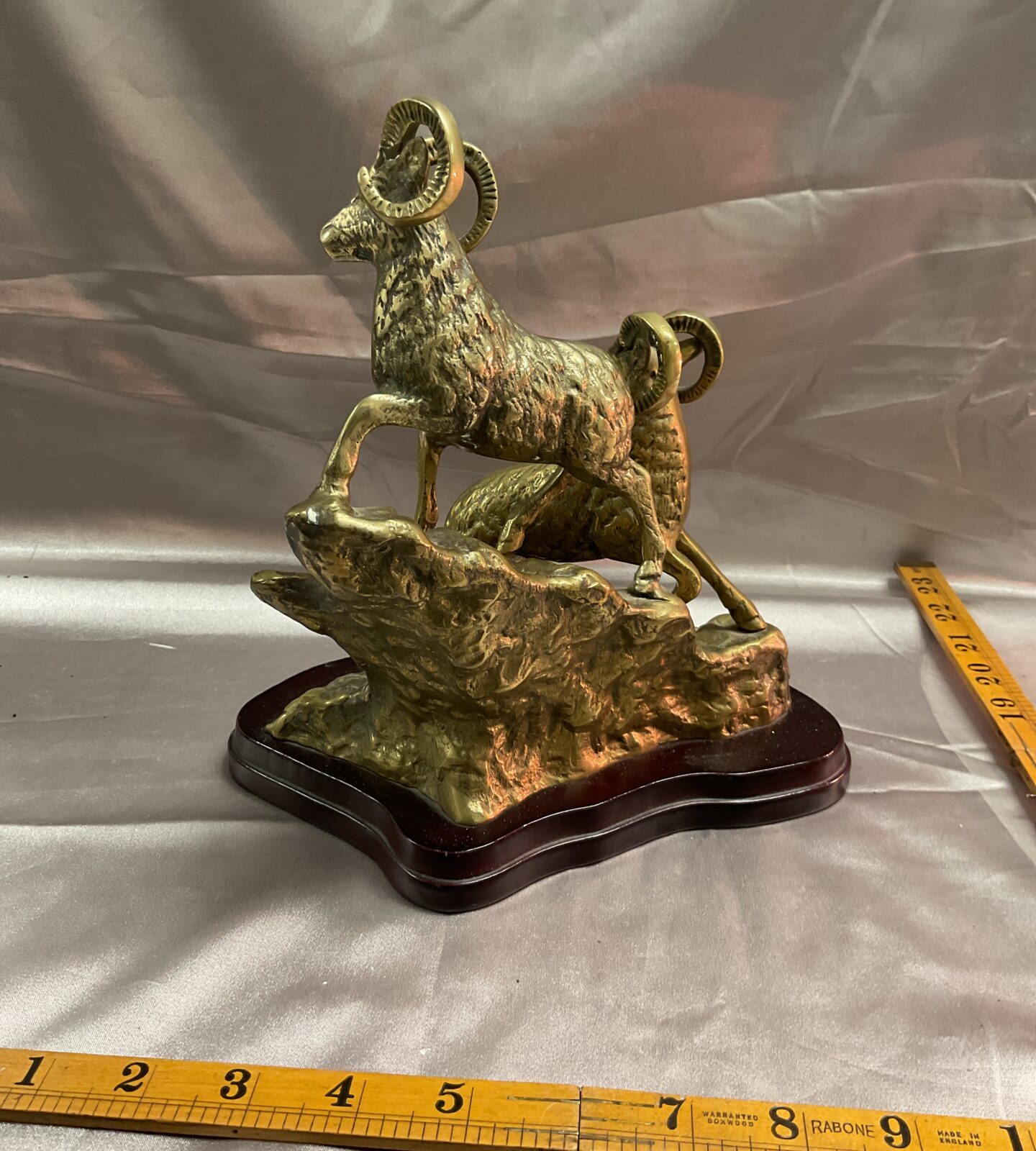 Vintage Brass Mountain Goat Rams sculpture on wood plinth - Image 2
