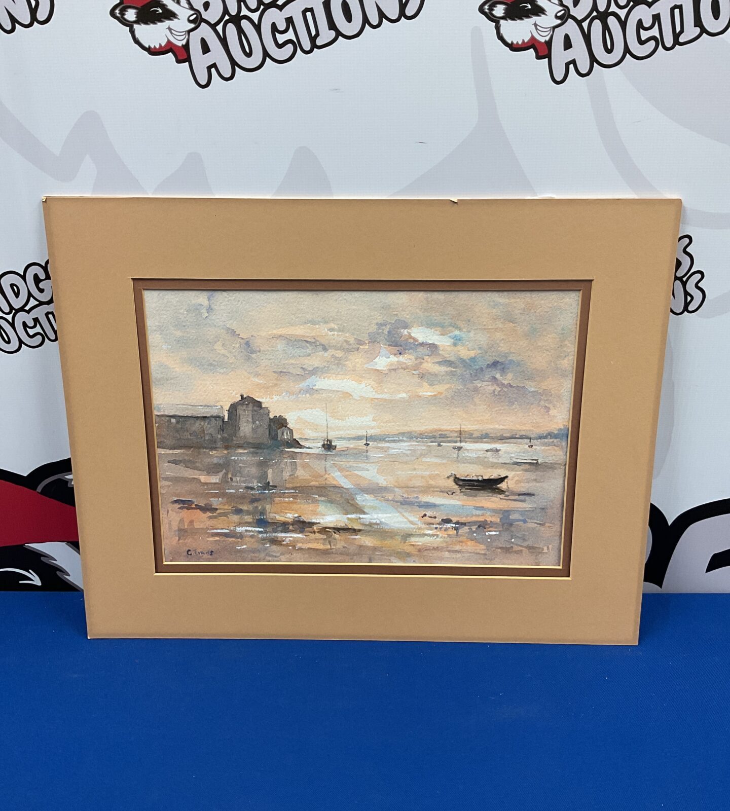 C evans signed watercolour of boats in dock