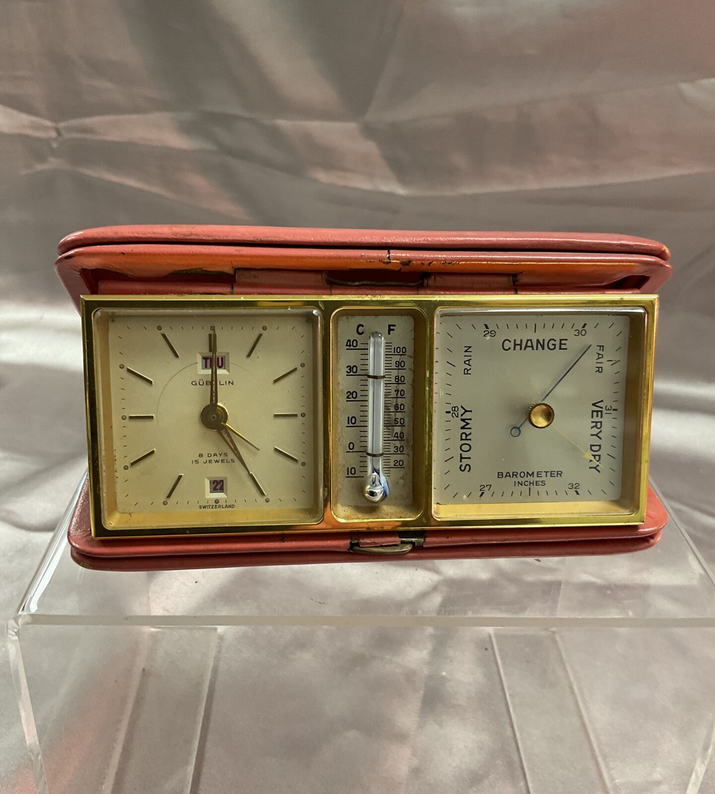 Vintage goblin travel alarm clock barometer and thermometer Needs Attention