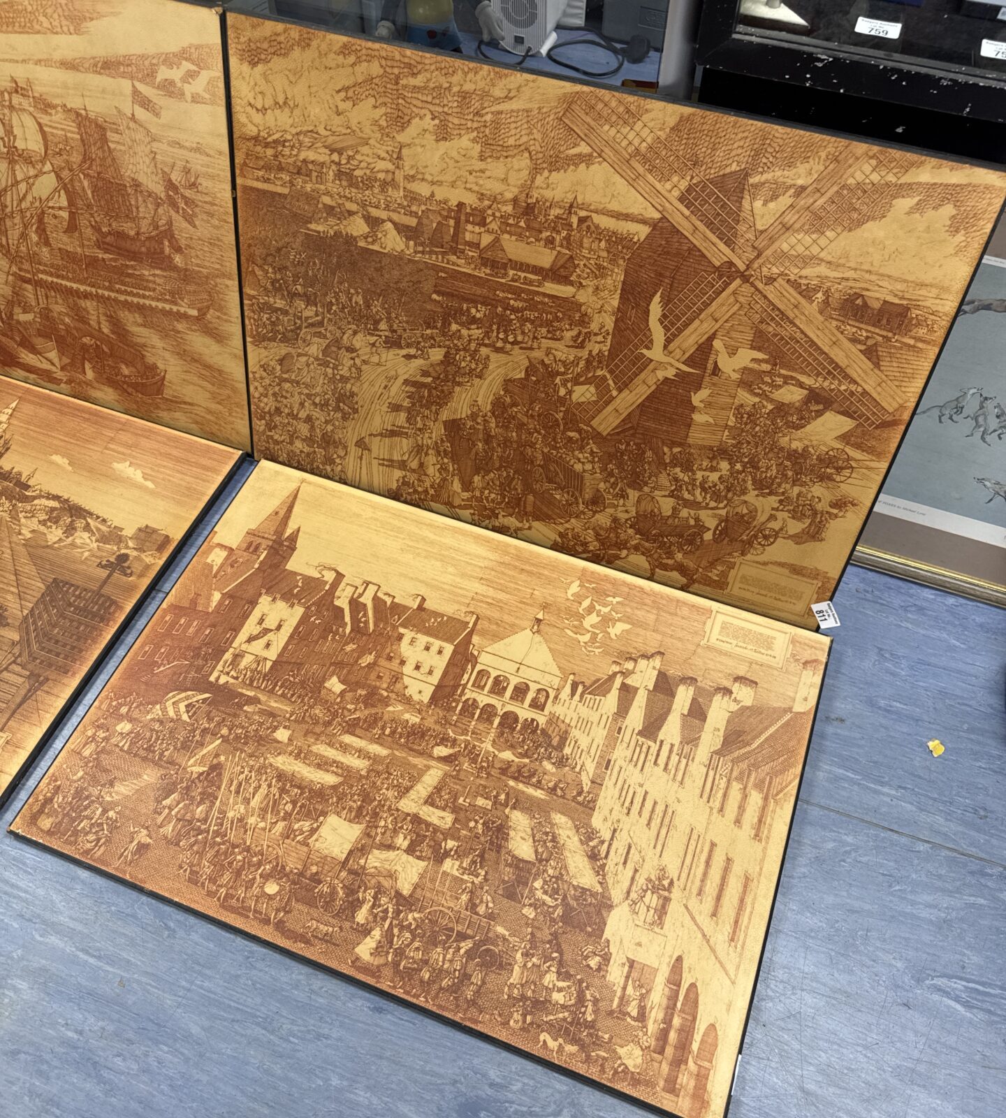 Four large prints on board of medieval harbour & town scenes - Image 2