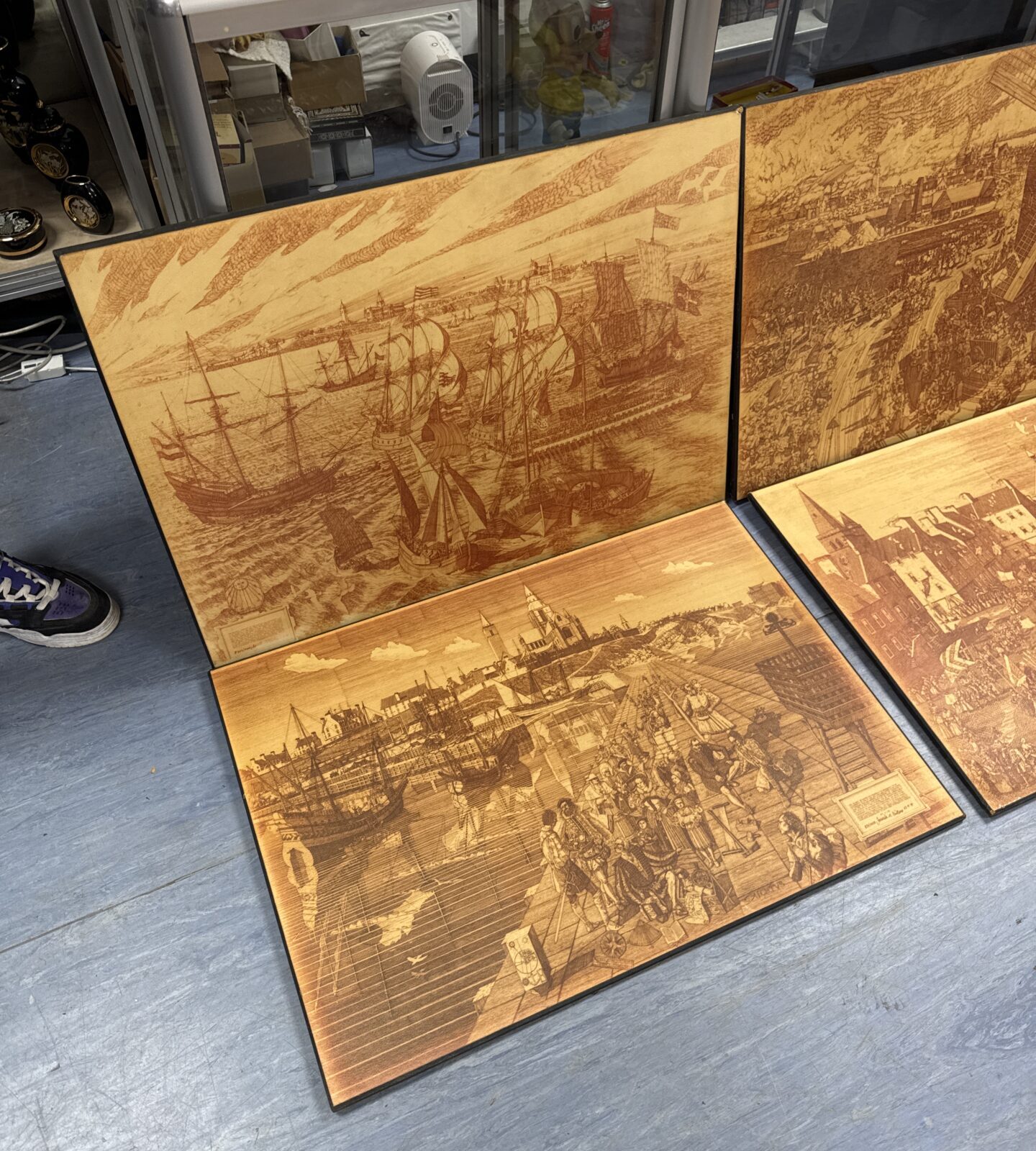 Four large prints on board of medieval harbour & town scenes - Image 3