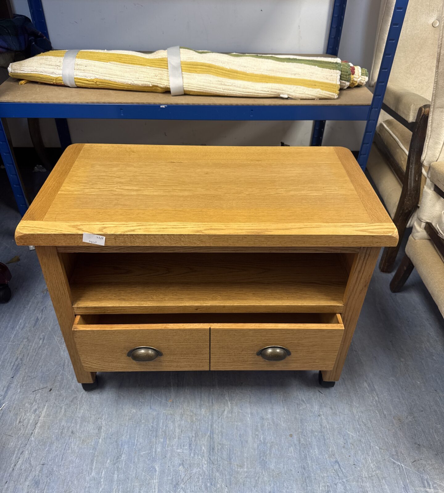 Light oak single drawer wheeled tv stand 27.5” length