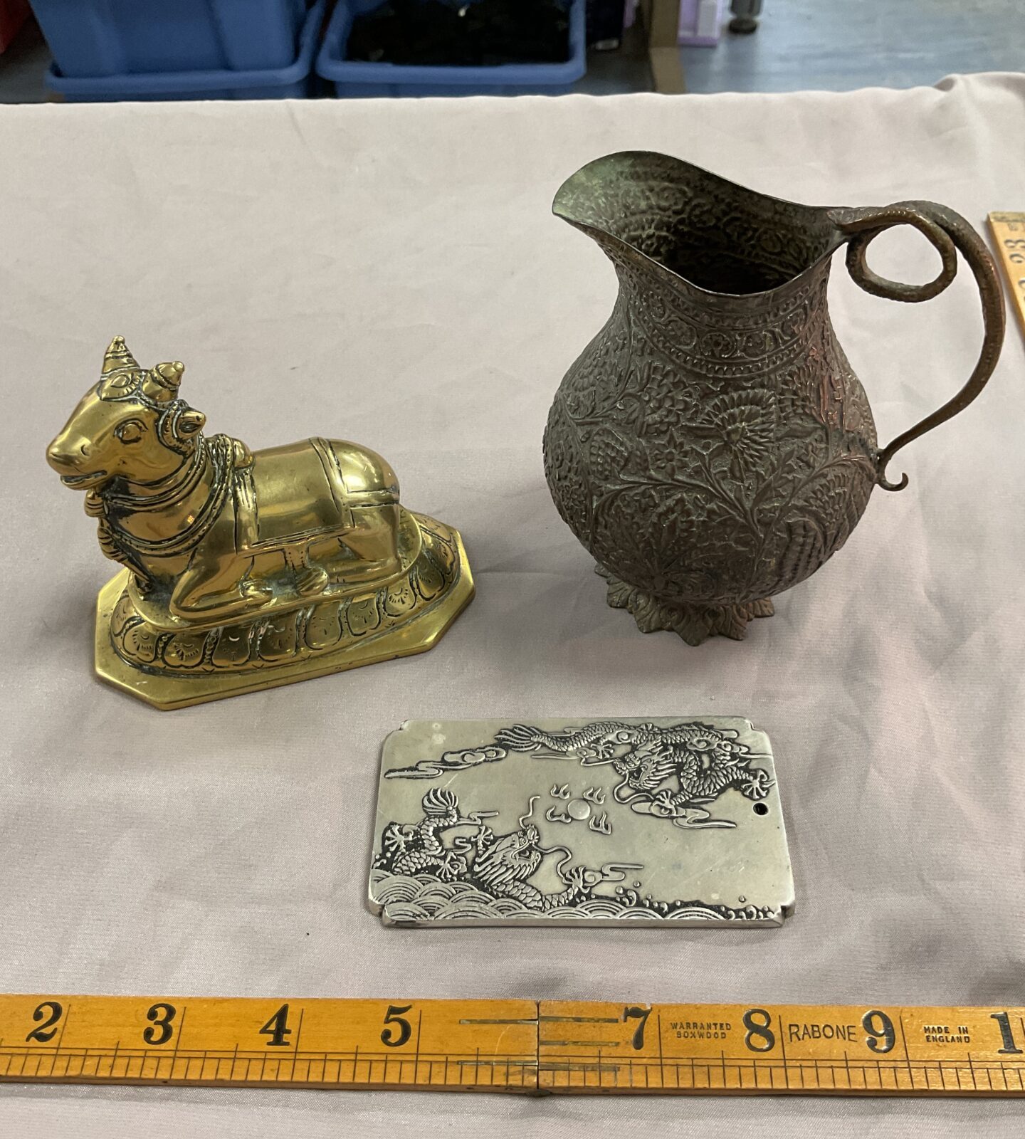 brass sacred cow figure dragon plaque and snake handle Mughal style jug