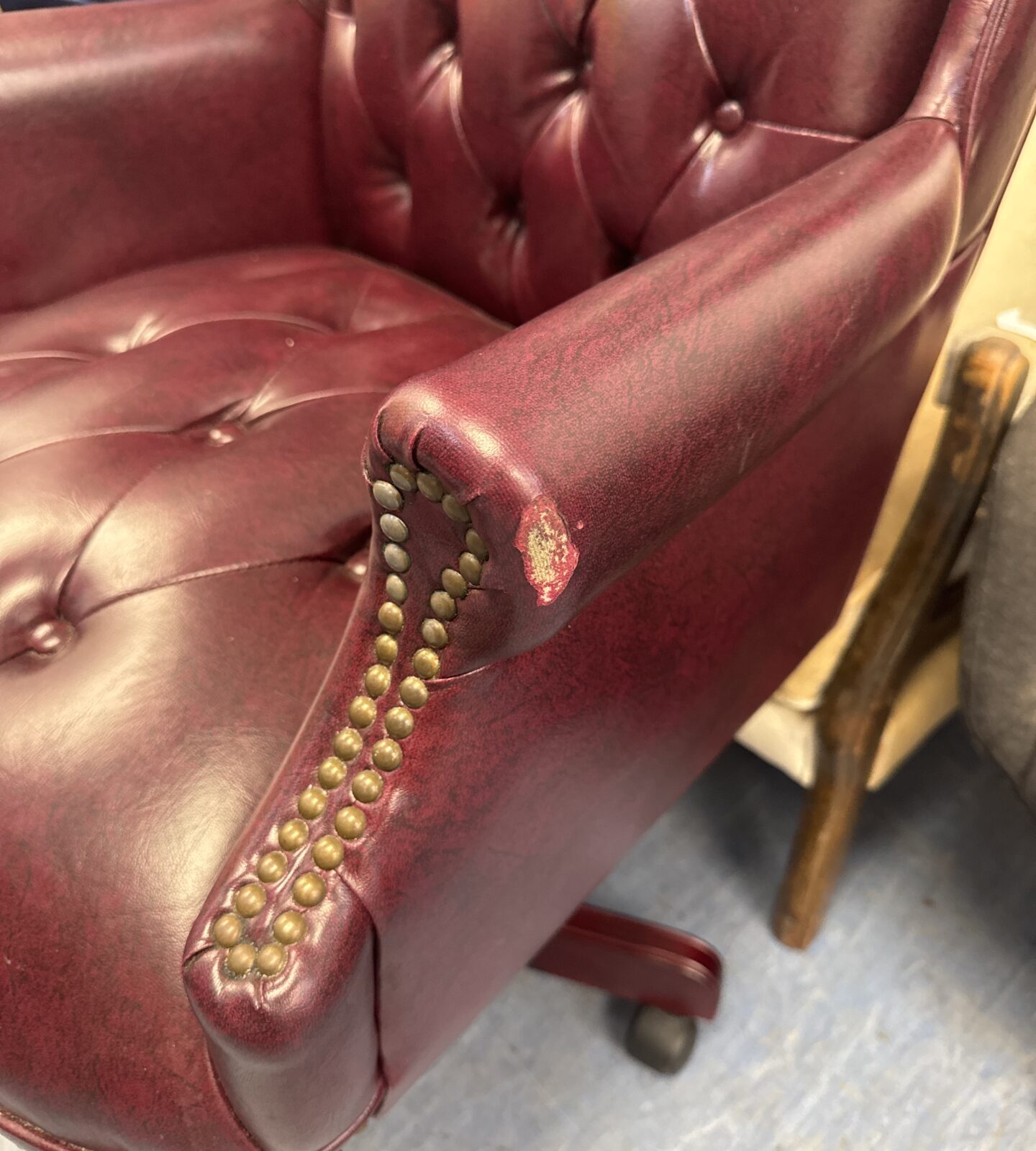 Studded faux leather chesterfield style office chair - has pet nibble mark on left arm - Image 2