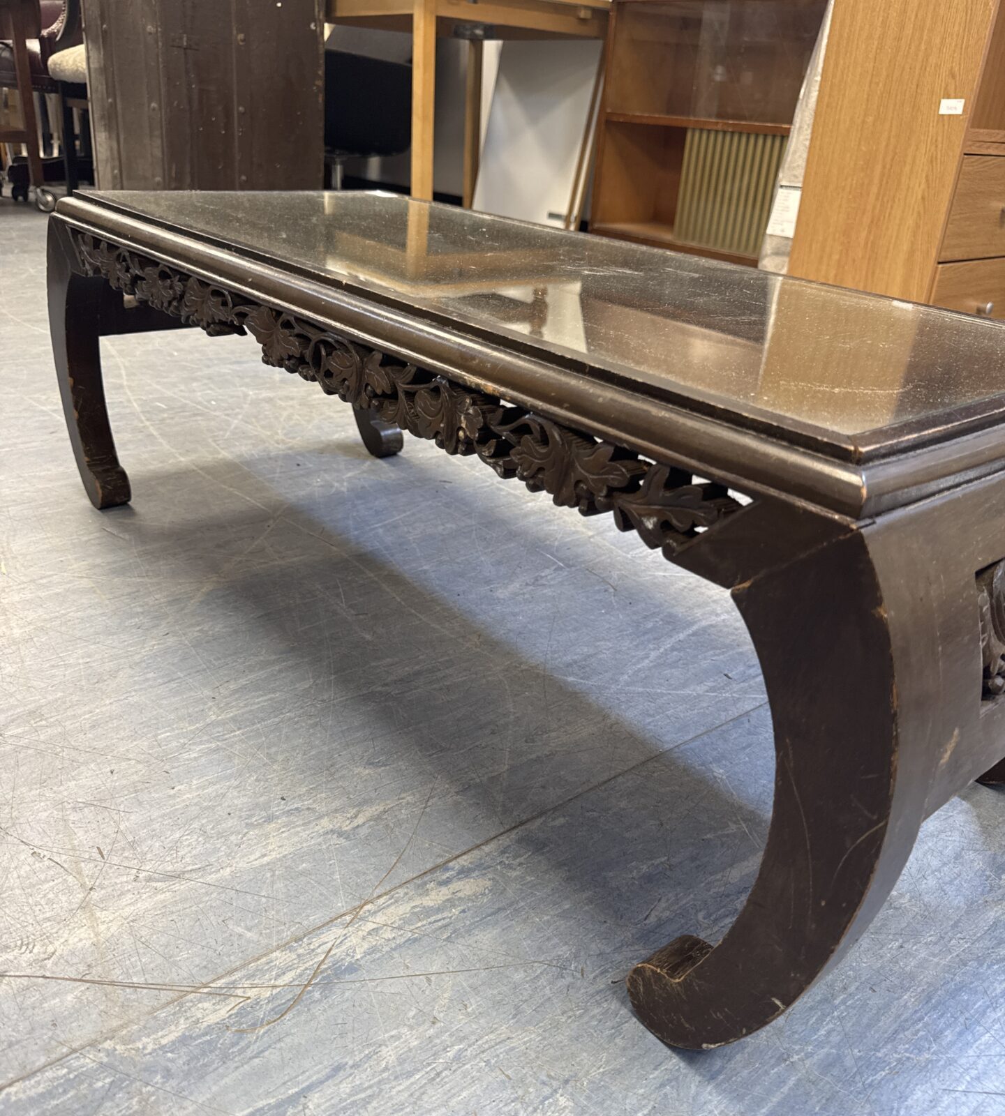 Vintage mid century oriental carved wood glass topped coffee table 39.5” length at furthest points - Image 2