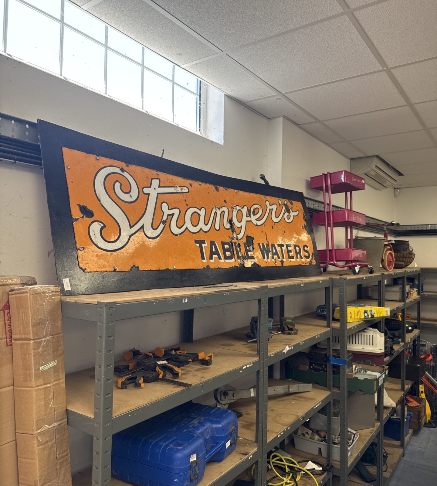 Very large vintage stranger’s table water enamelled sign mounted on board - board length approx 78”