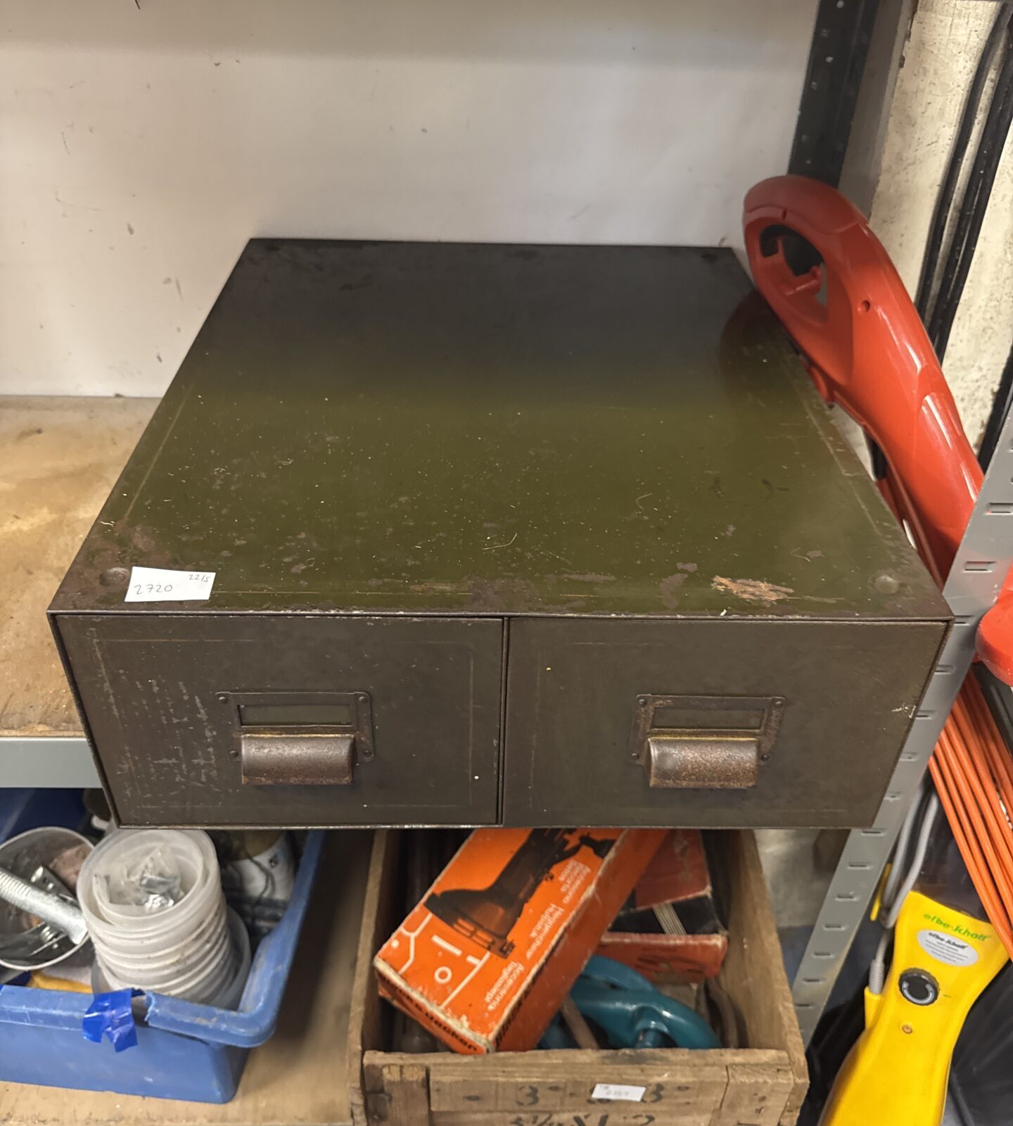 Vintage two drawer metal cabinet 17” width