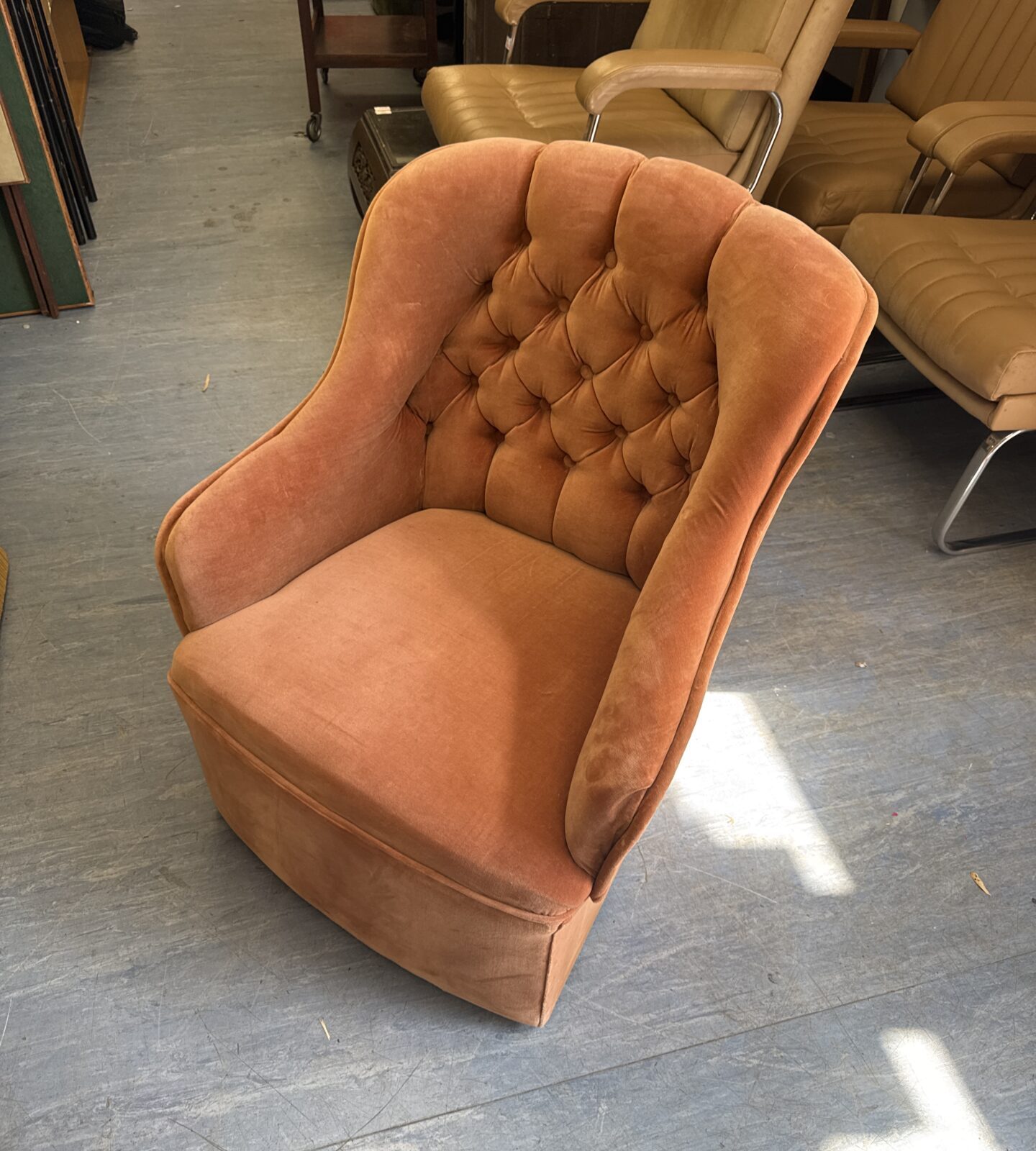 Vintage button backed velour armchair