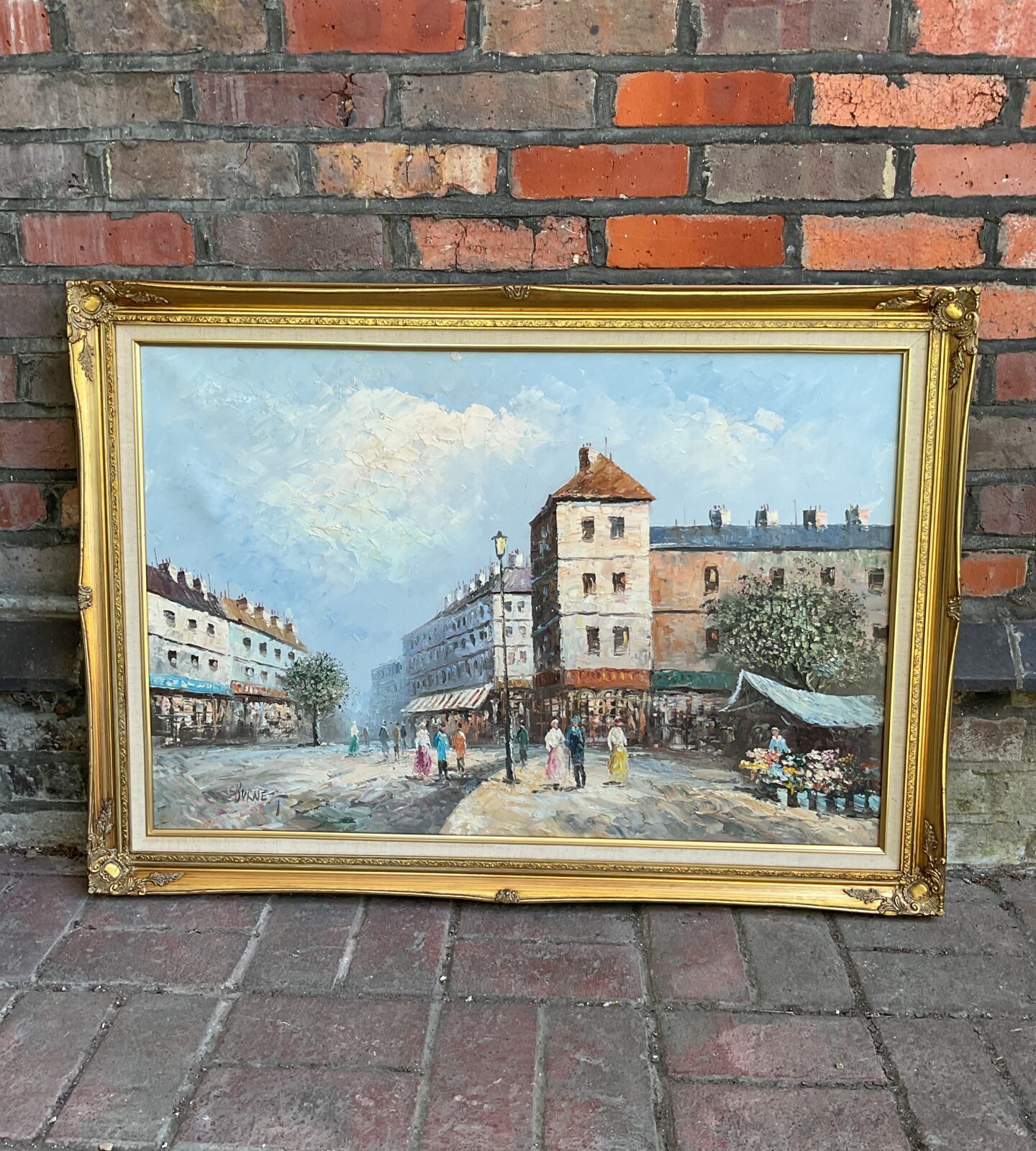 Large gilt framec oil painting of a Victorian street scene by burnett