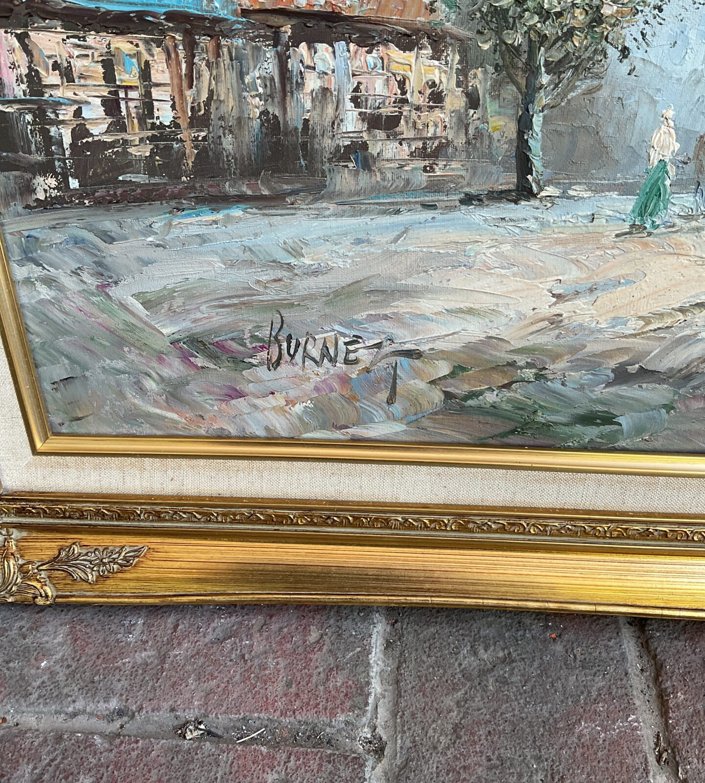 Large gilt framec oil painting of a Victorian street scene by burnett - Image 2