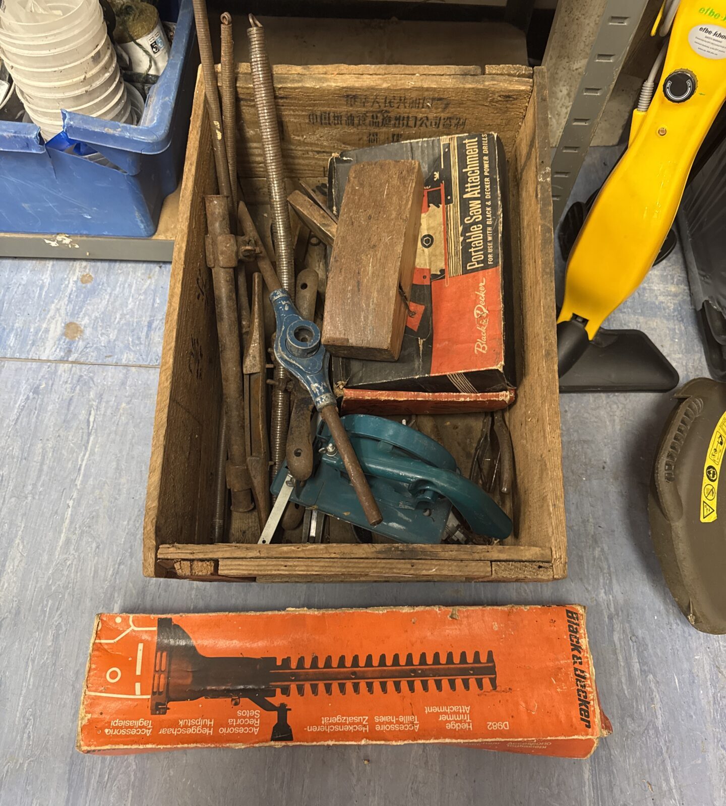 Selection of shed clearance items inc b&d saw attachments