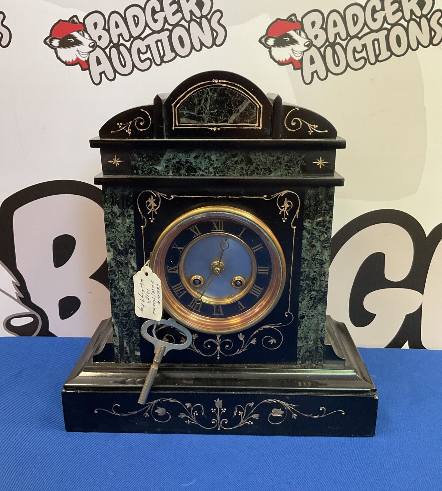French slate and marble 1915c Mantle clockworking with key