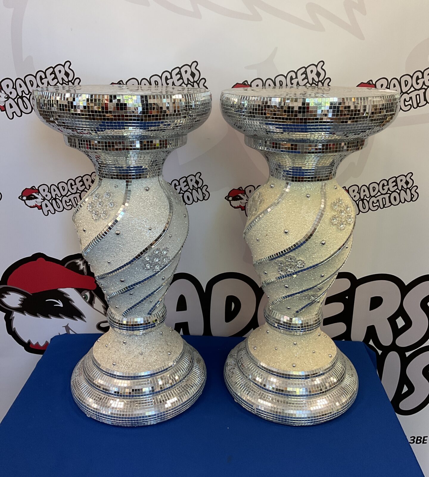Pair of mosaic mirrored jardiniere pot stands or lamp tables
