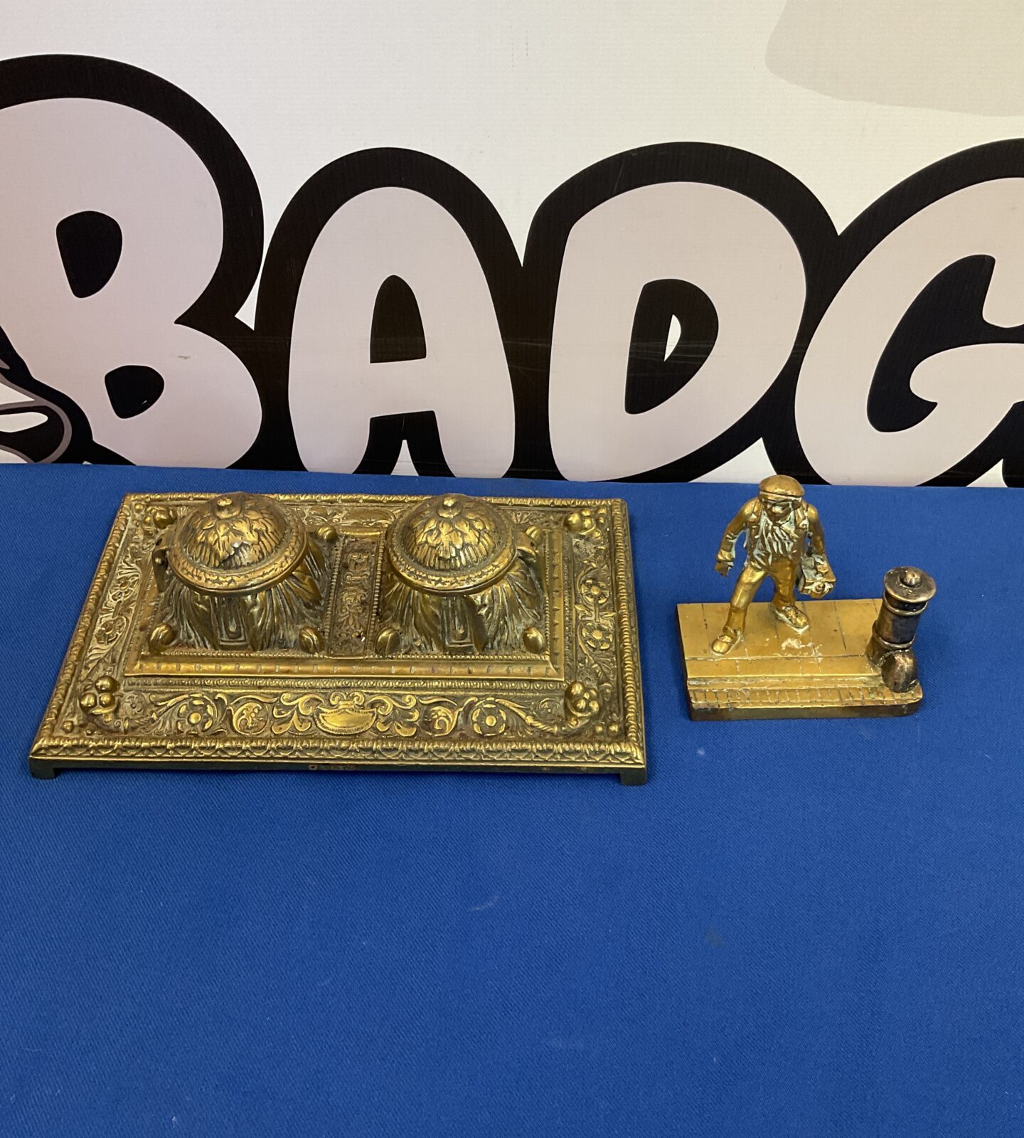 brass art nouveau inkwell and brass milkman figure