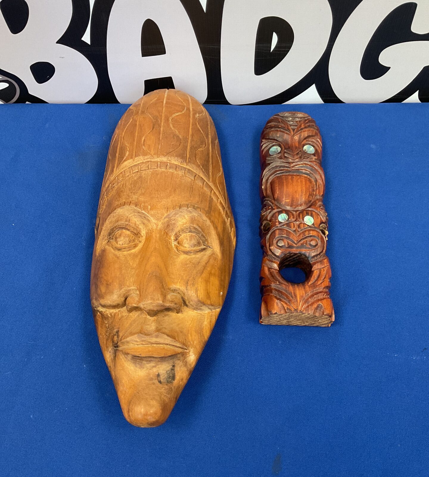 Two new Zealand wooden carvings inc mask & totem pole
