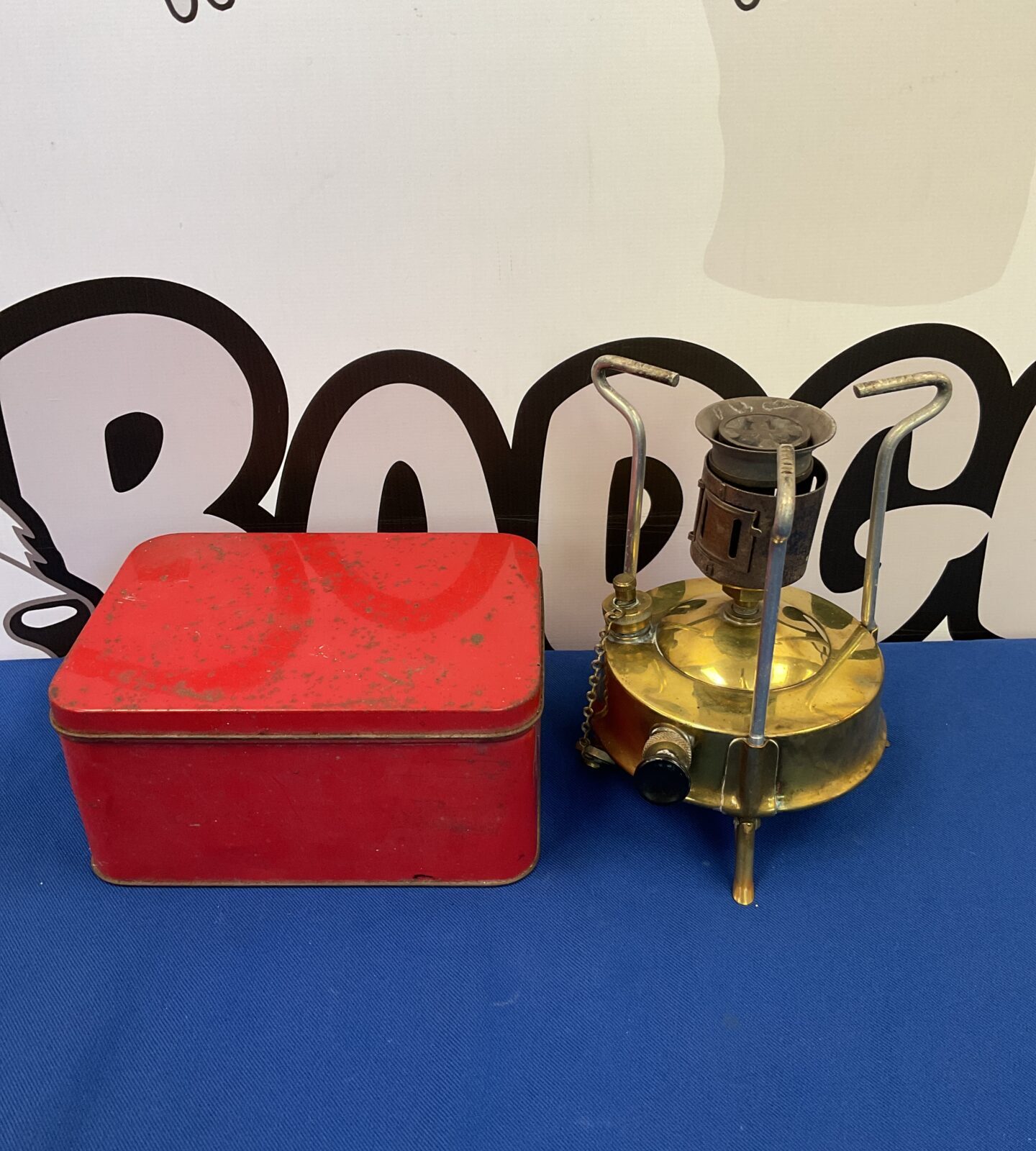 Vintage brass primus style paraffin stove in tin