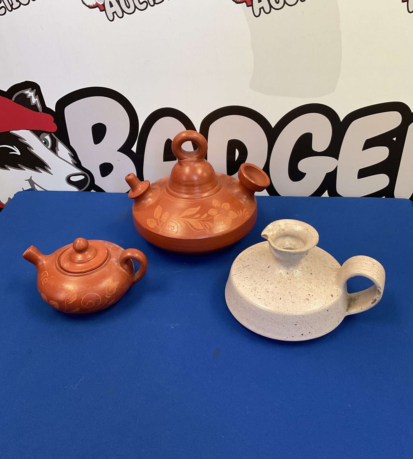 Terracotta water cooler, teapot & studio pottery jug