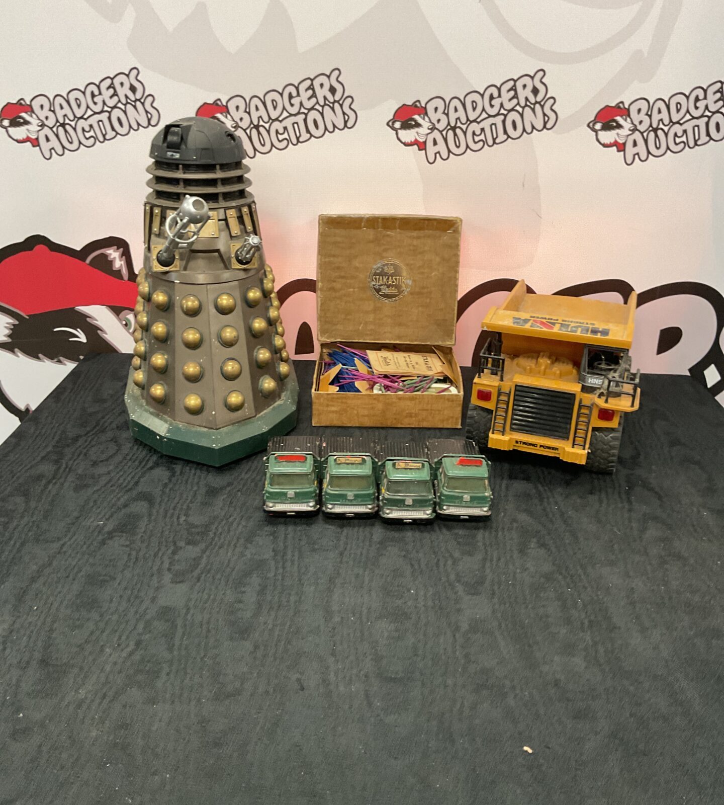 Box of mixed toys inc vintage dinky diecast tk tipper and doctor who the daleks