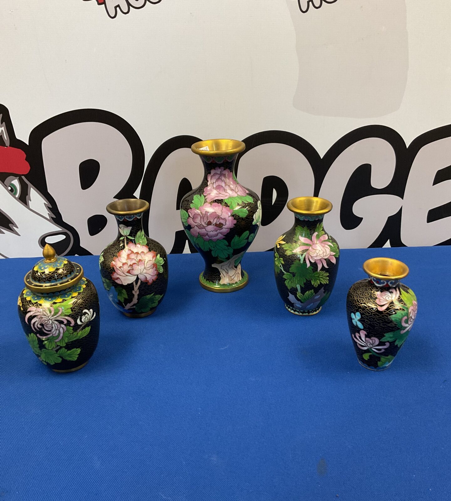 Four chinese cloisonné vases & jar