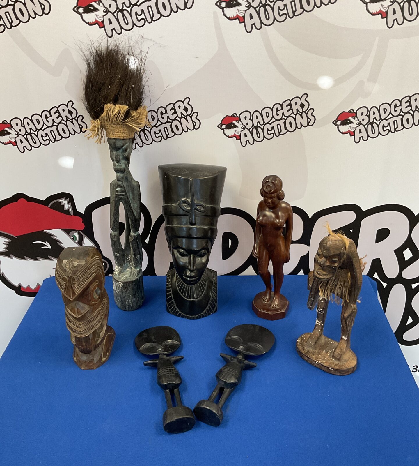 Collection of carved wooden African sculptures