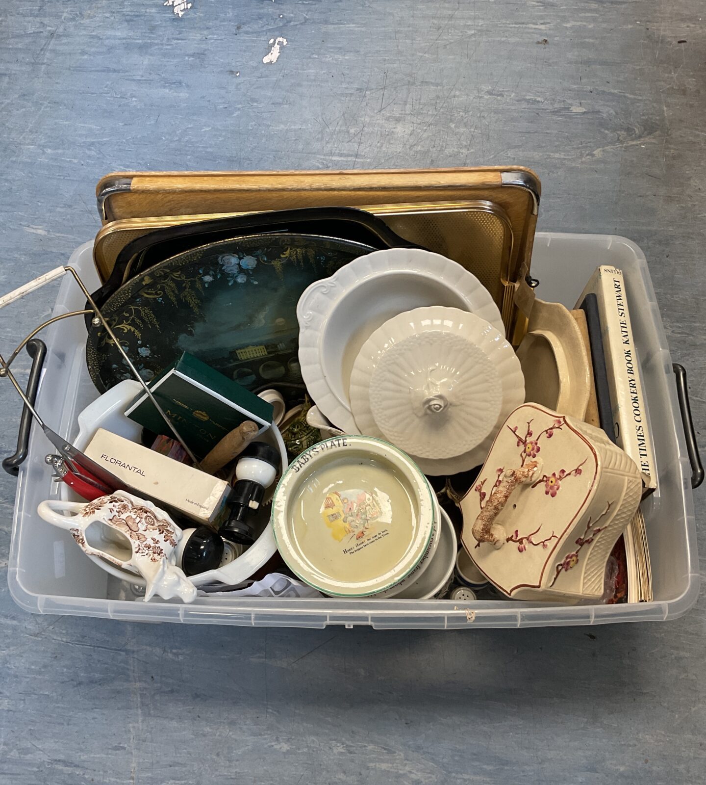 Large box of mixed china including serving trays & cheese cloche