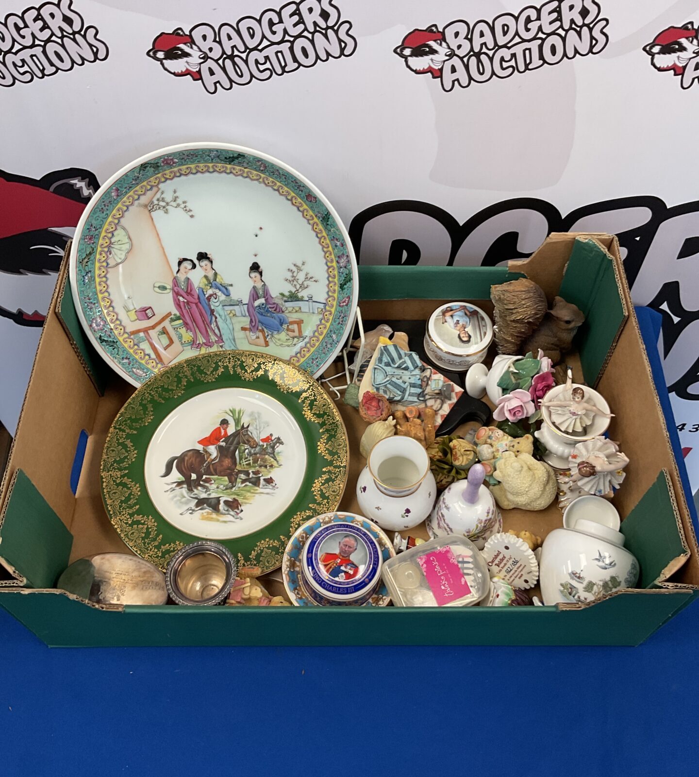 Box of china & collectables including famile vert plate