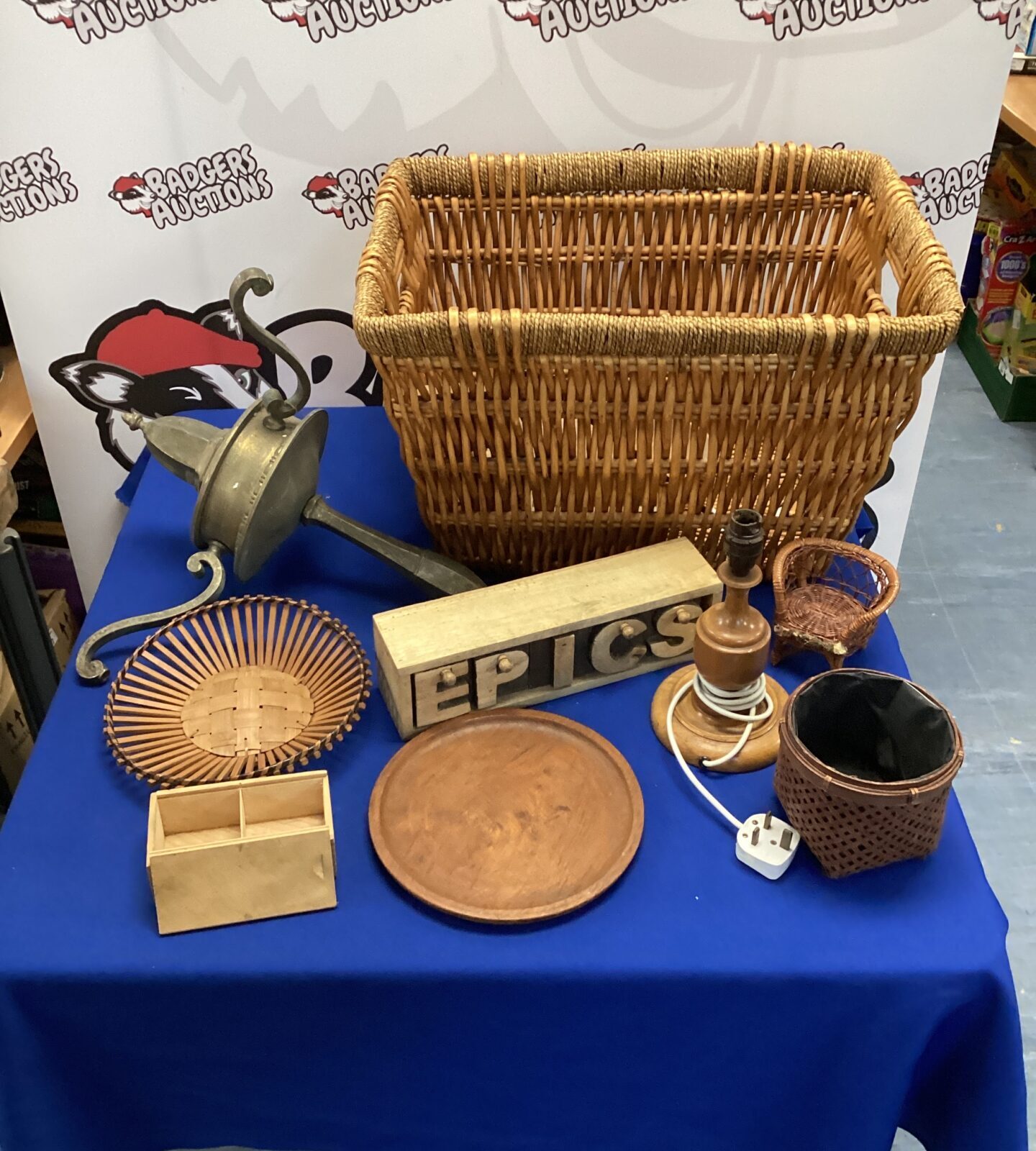 Wicker basket of mixed wooden items & vintage brass lamp top