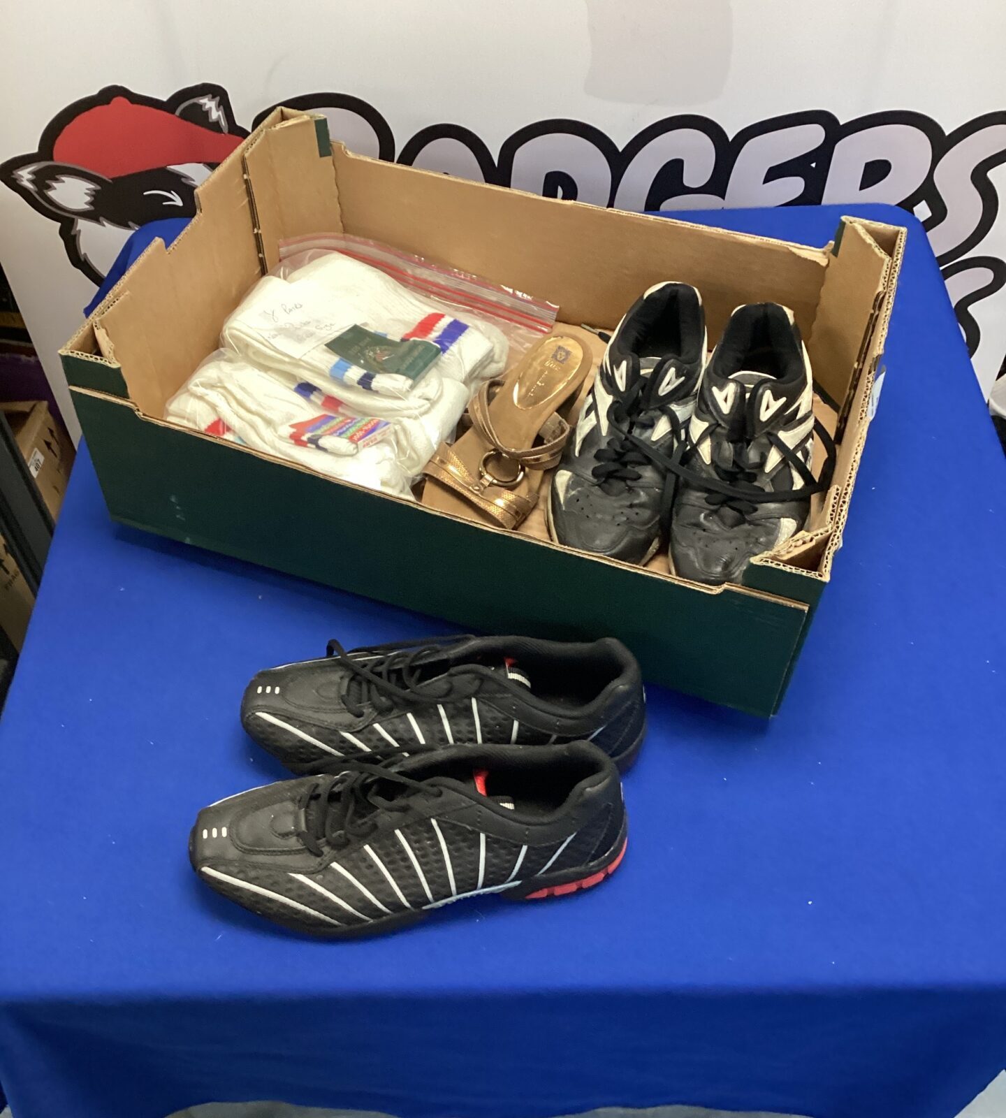 Two pairs of trainers size 12, pair of ladies shoes & bag of new white socks free size