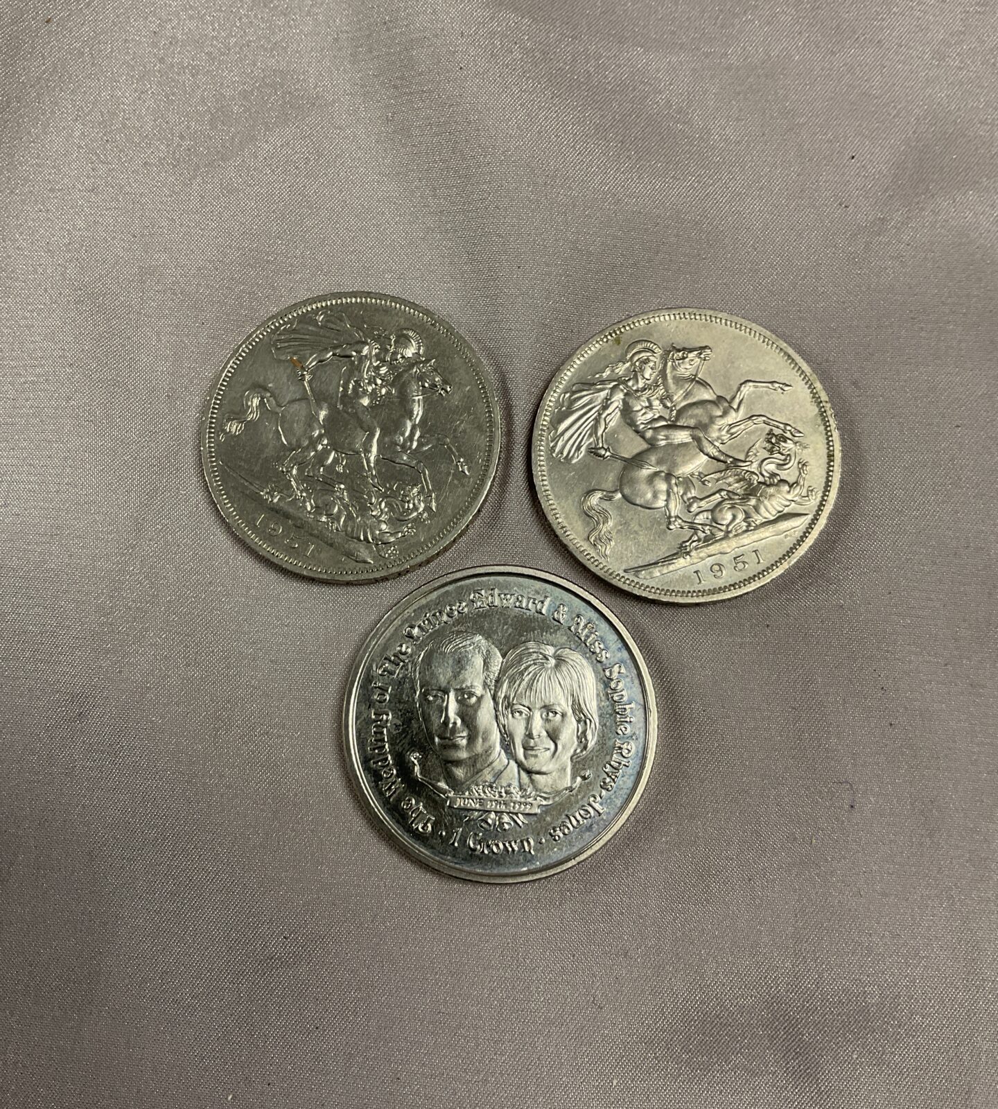Two 1951 Five shillings coins and Edward and Sophie crown