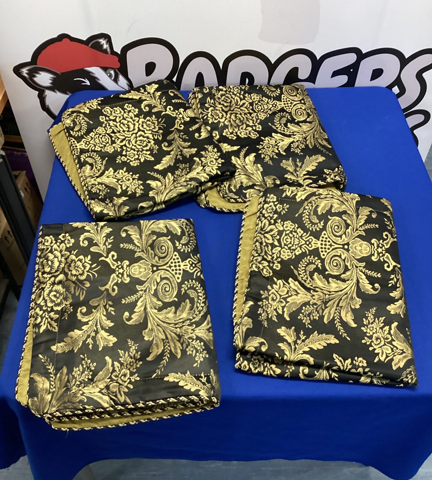 Four large gold & black pillow/cushion covers 78cm x 61cm