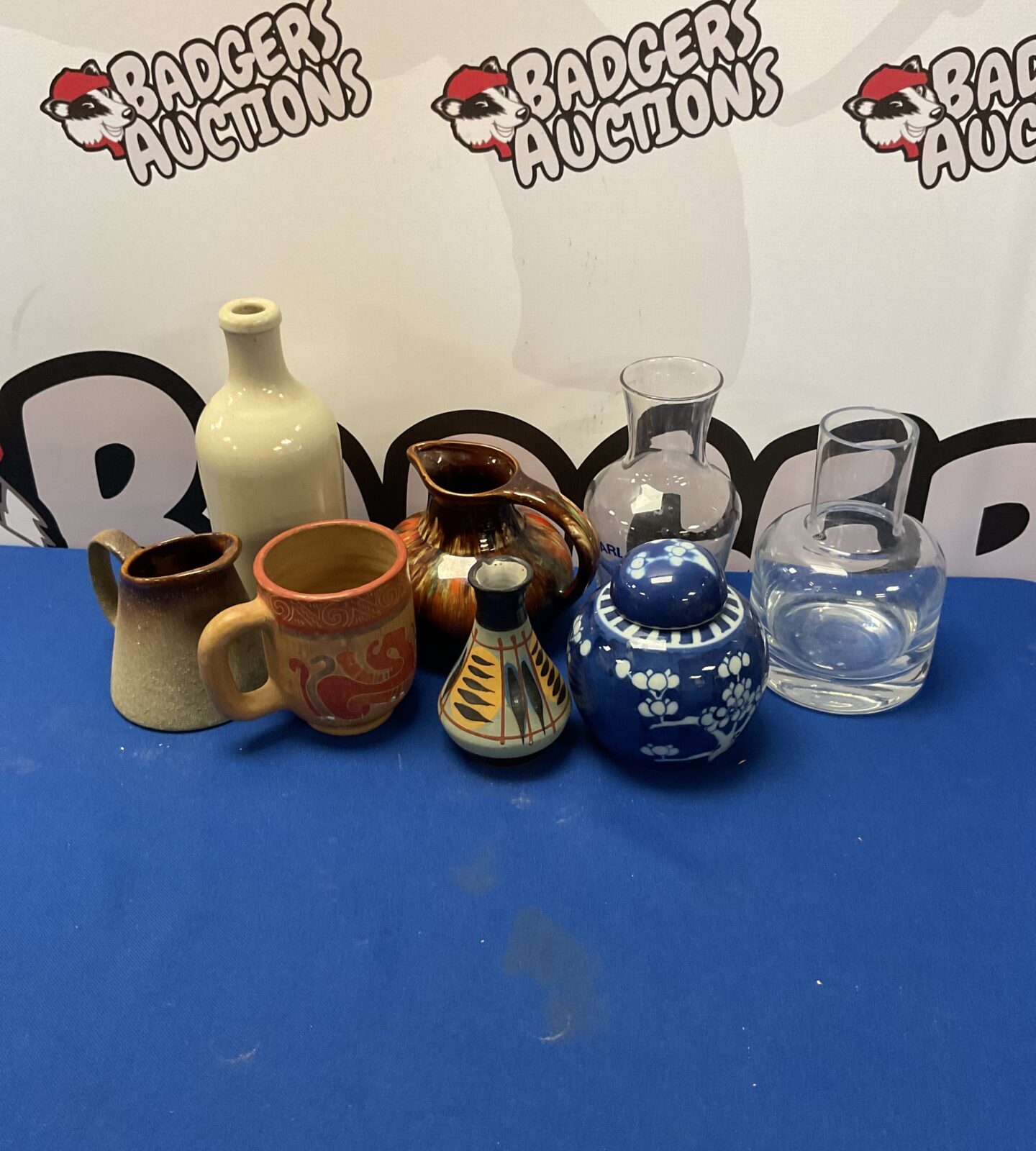 Box of mixed studio pottery and glassware inc ginger jar
