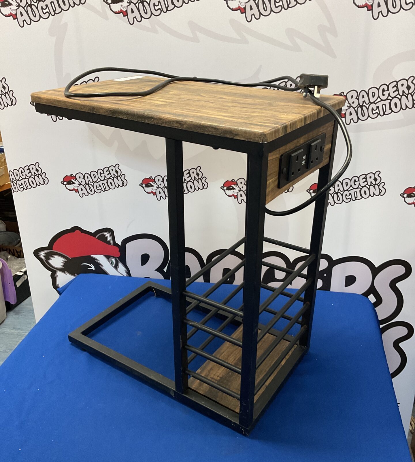 Small metal framed laptop table with power points & usb ports