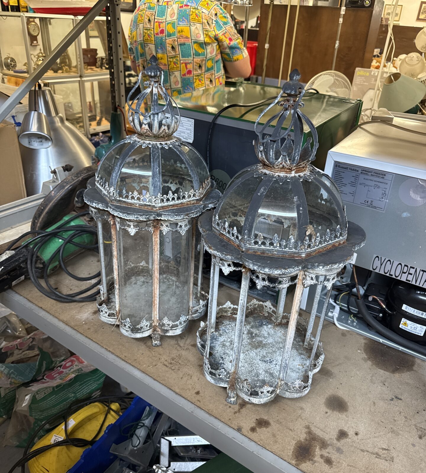Two vintage wrought iron lanterns for restoration - missing glass etc