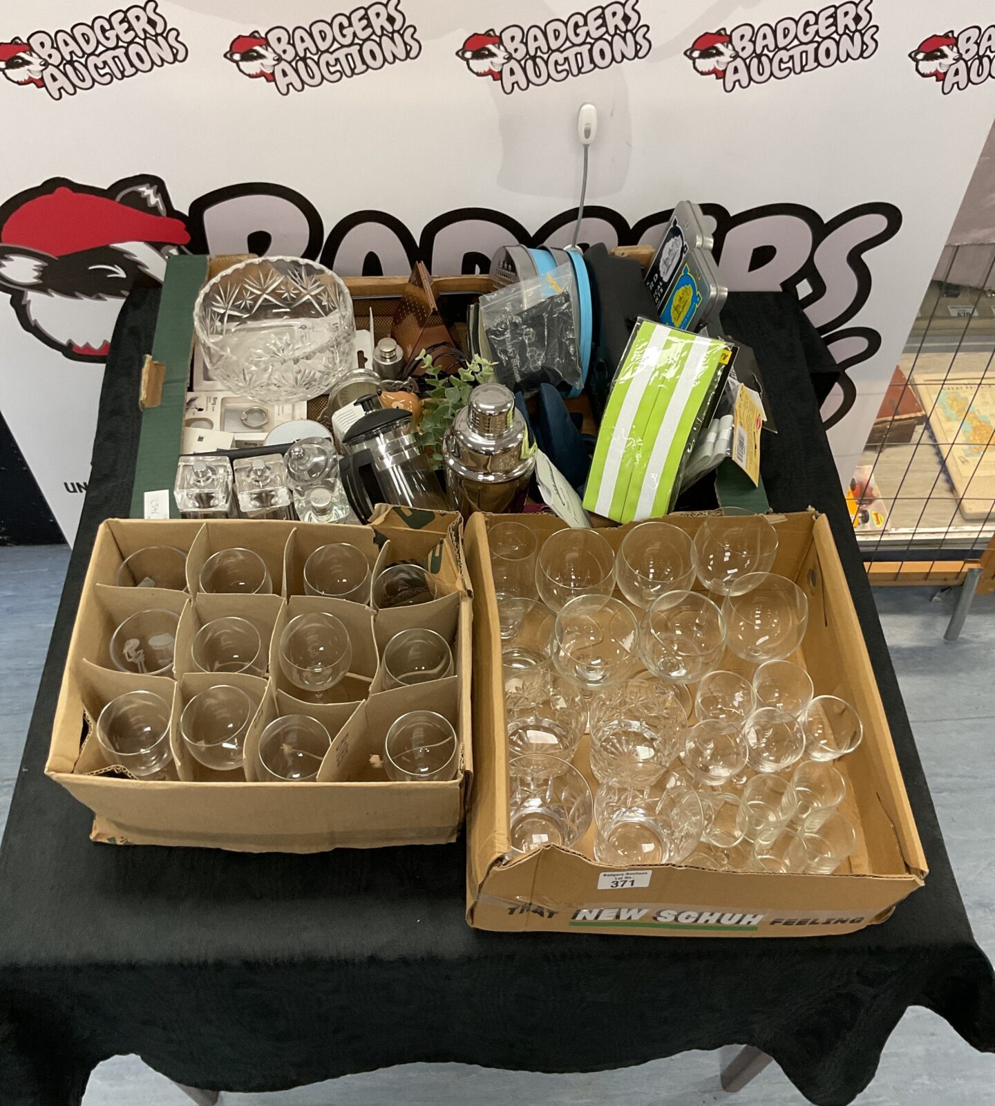 Box of mixed with two boxes of mixed glassware inc speaker, cocktail shaker and stationary