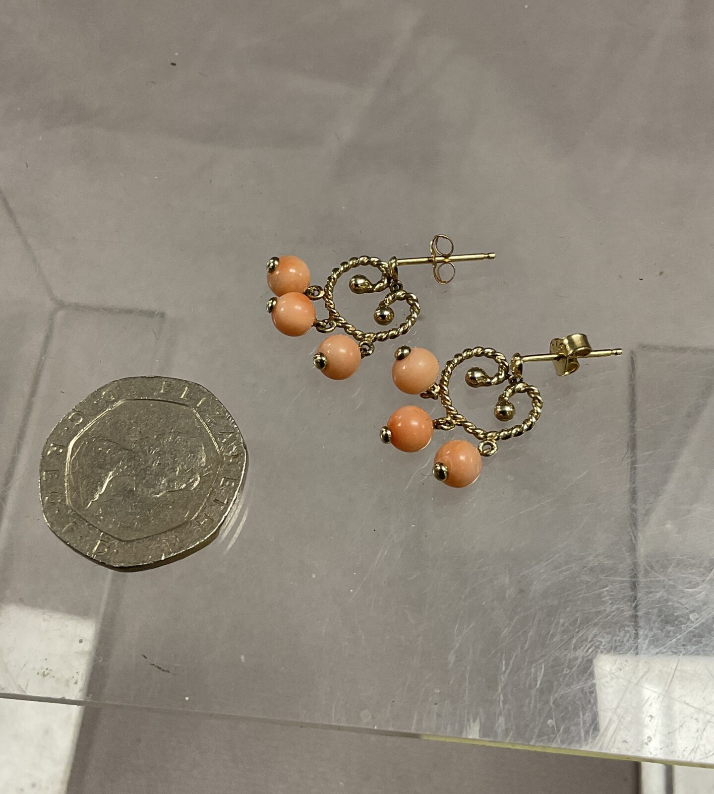 Pair of 9ct 10k  gold and coral earrings