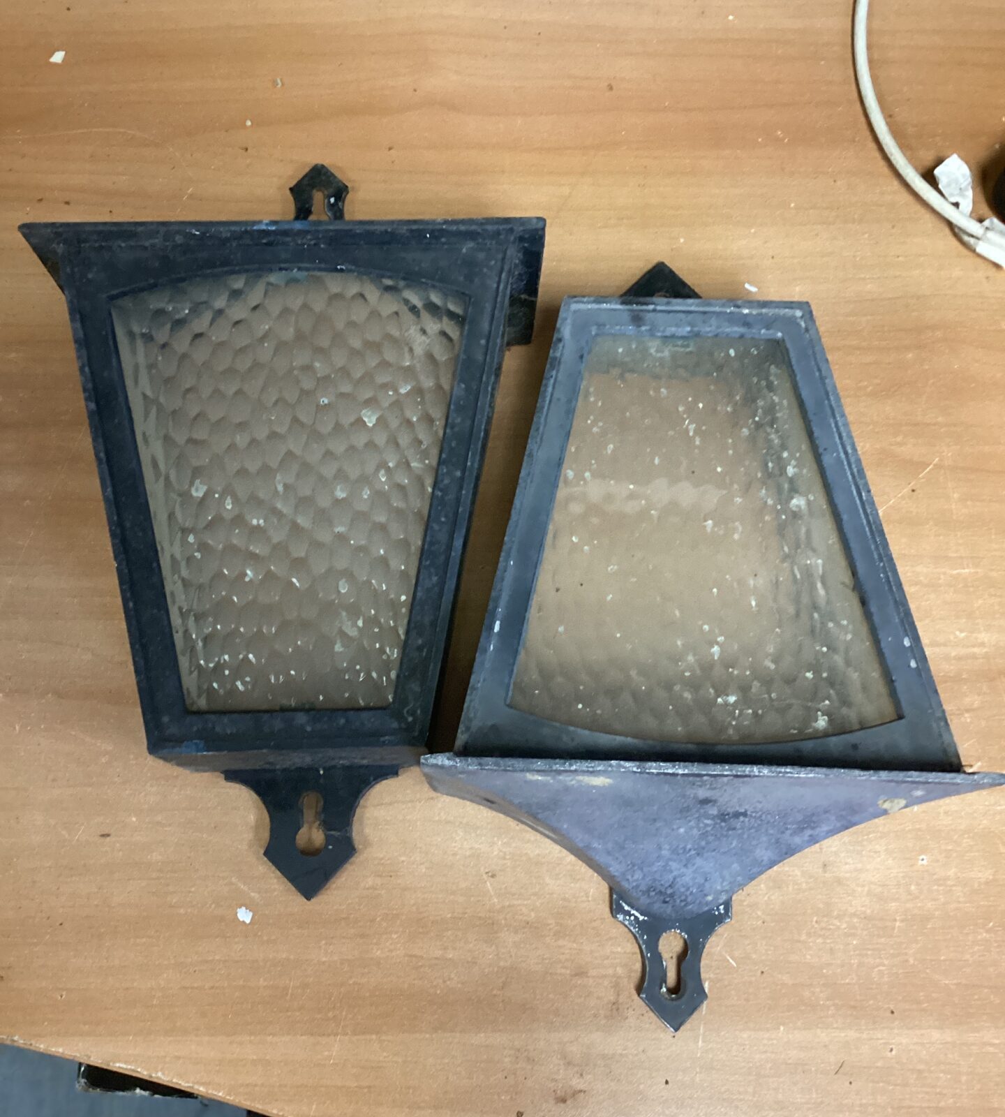Two iron & glass outdoor wall light covers