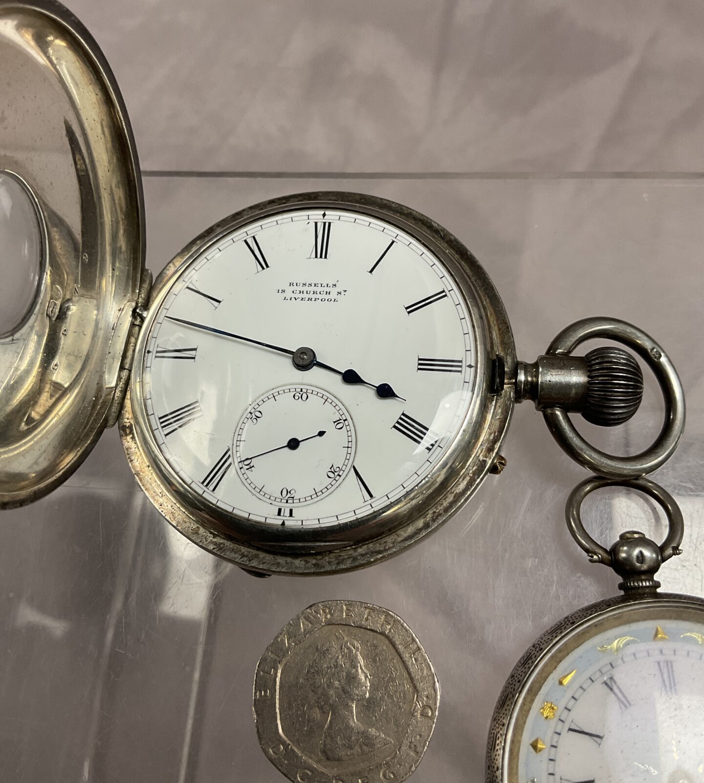 Two silver pocket watches a half hunter by russels Ltd Liverpool and ladies silver pocket watch - Image 2