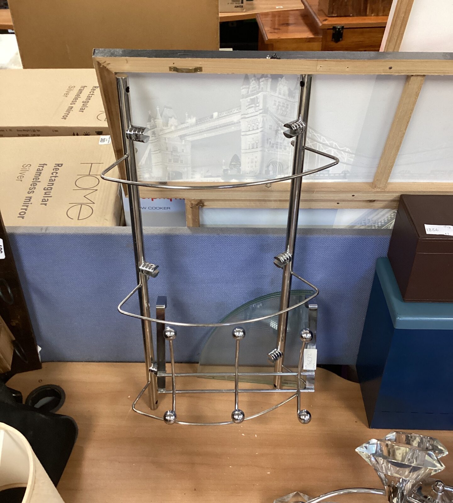 Chrome door hanging coat hooks & chrome with glass shelving unit