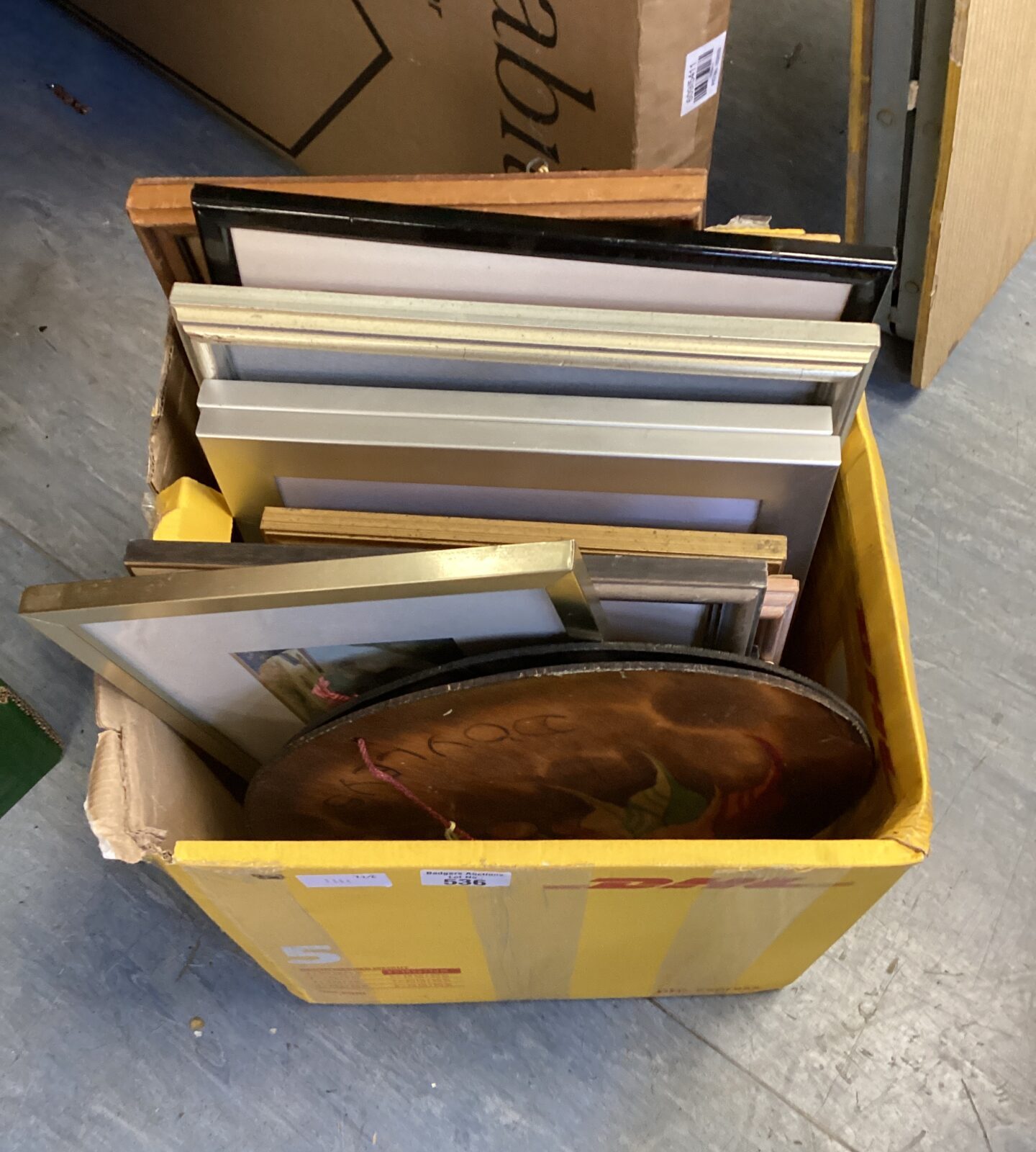 Box of framed mixed prints