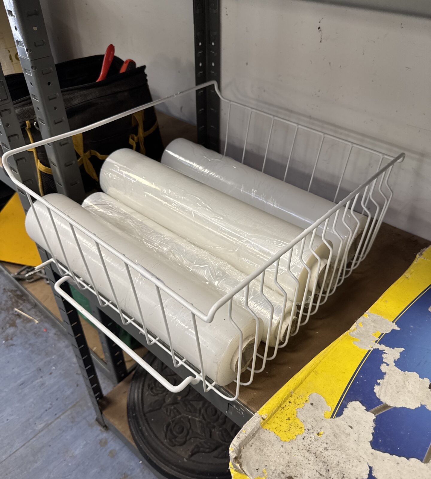 Five part used rolls of clear pallet wrap