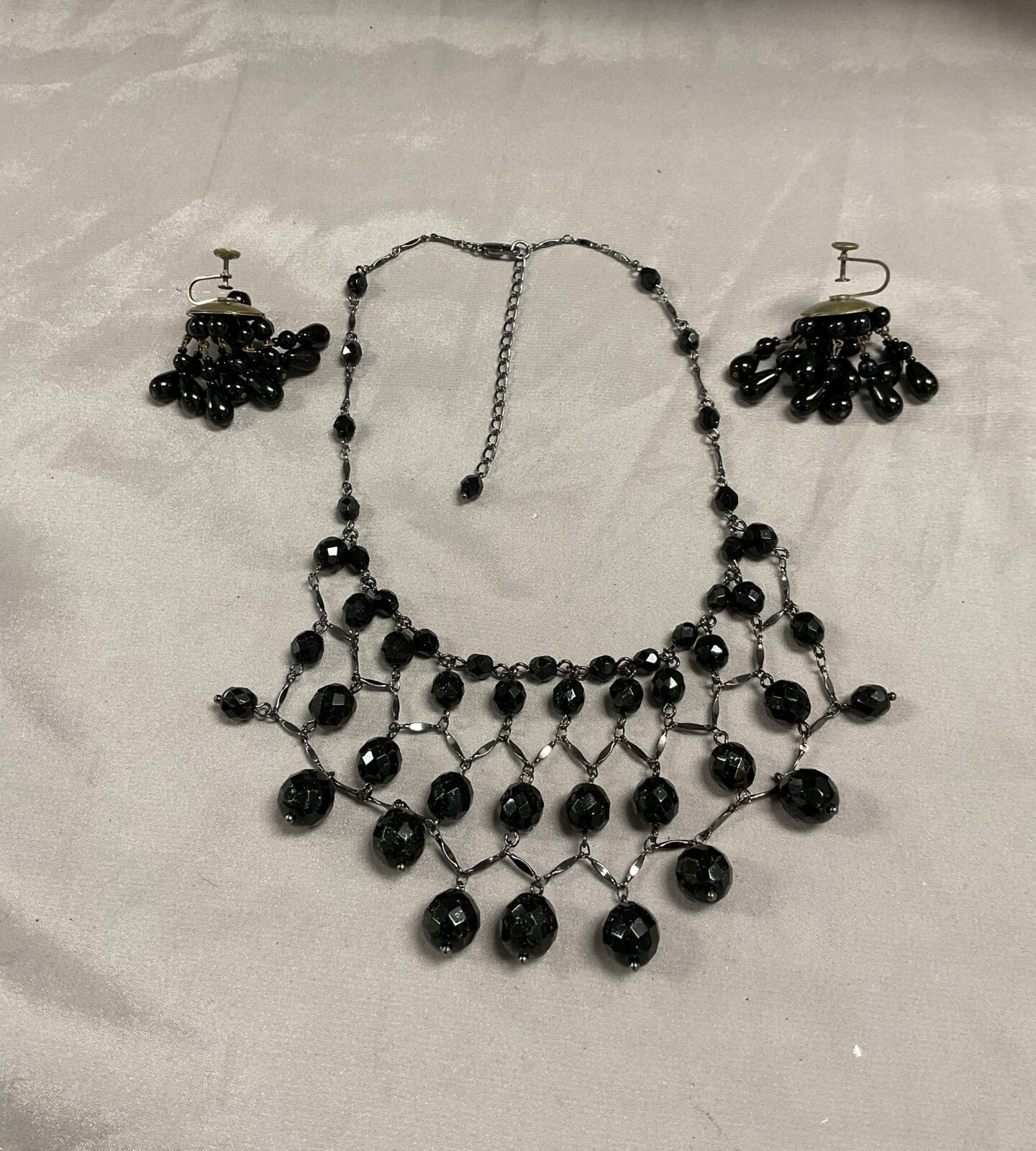 pair of vintage jet earrings 1950s and faceted cut evening necklace