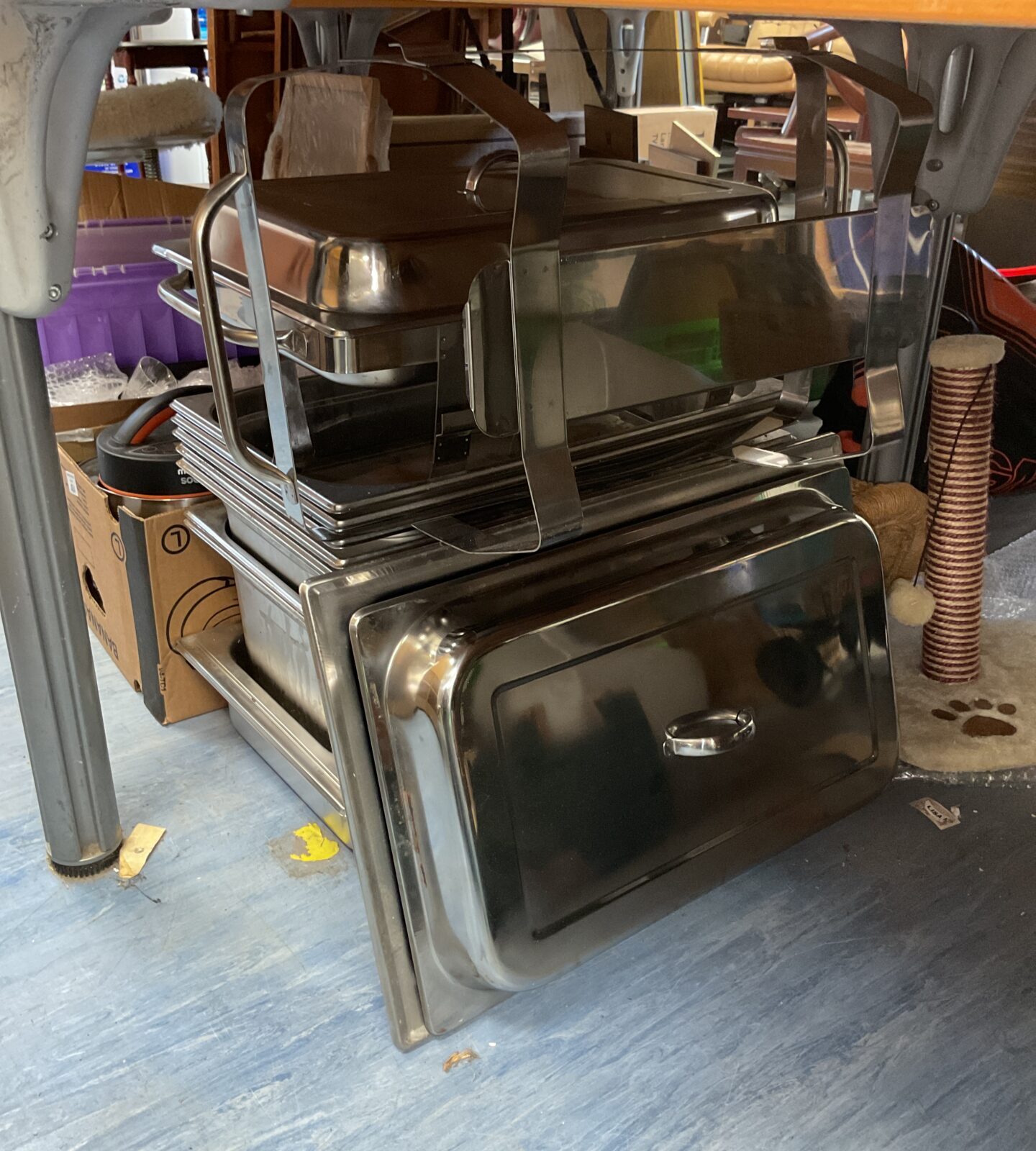 Quantity of stainless steel hot food trays and holders