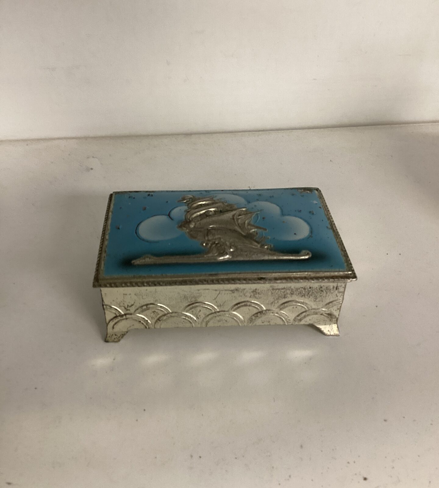 Small silver-plate pirate ship enamelled trinket box