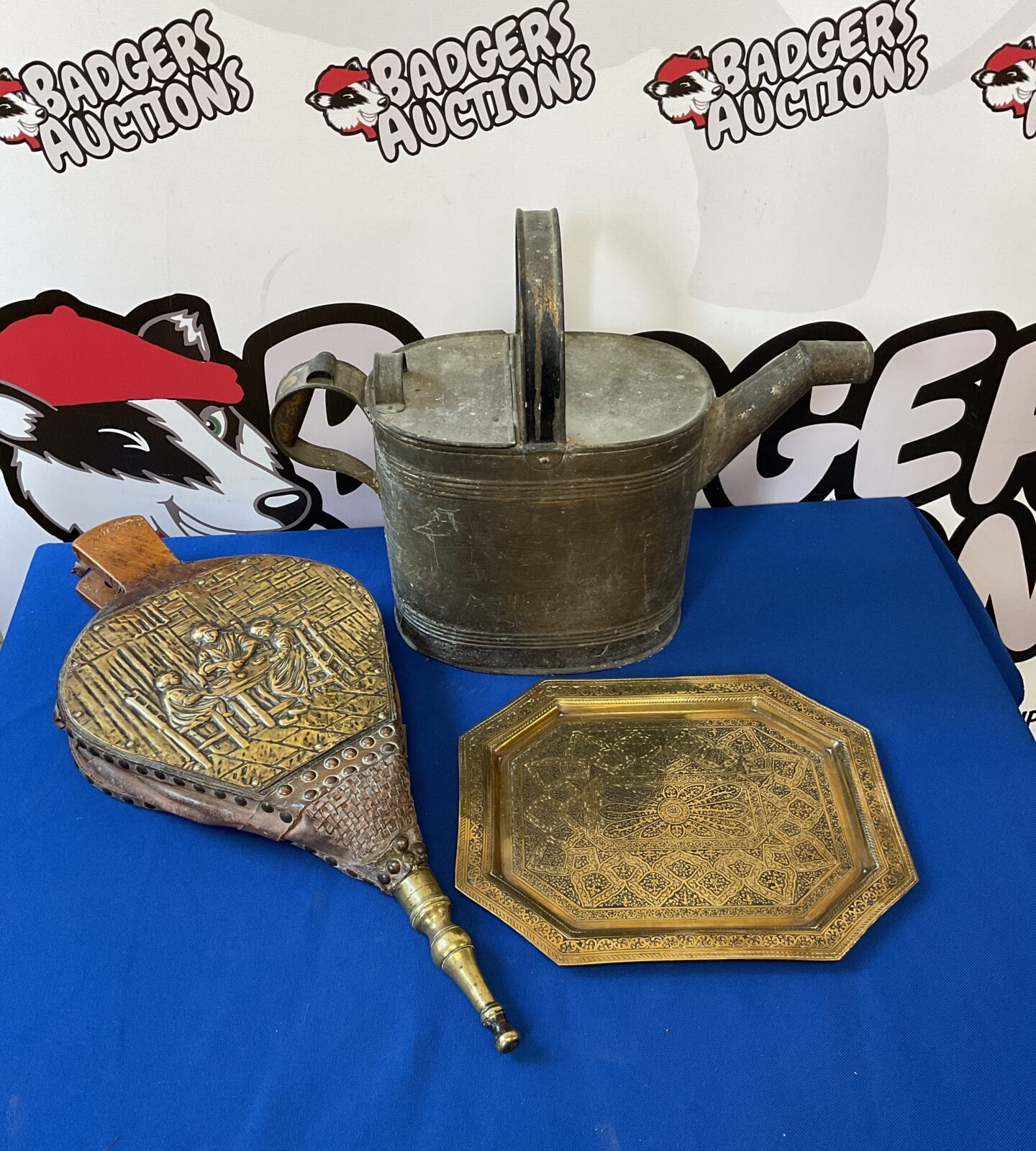 Vintage brass watering can with tray & bellows
